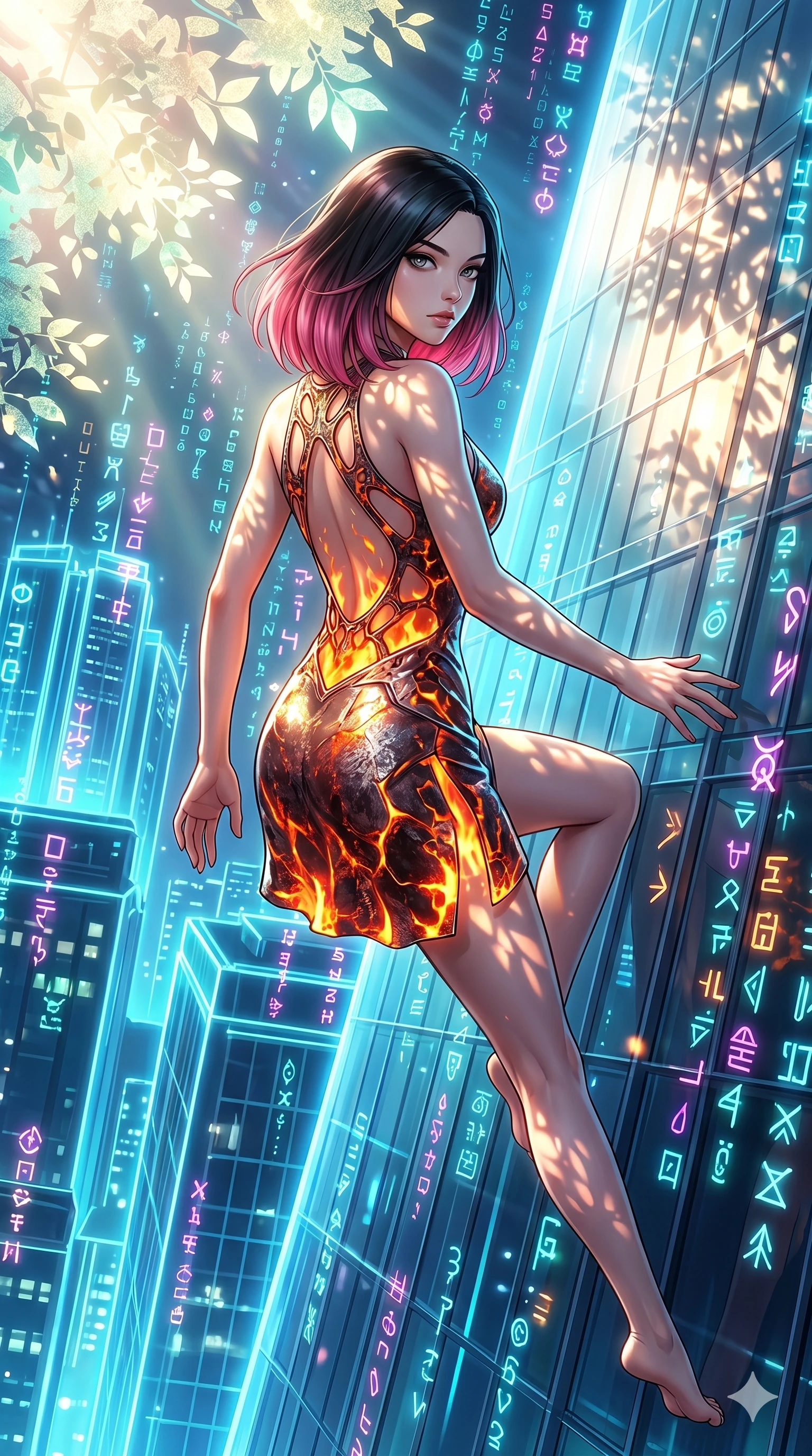 score_9, masterpiece, best quality, ultra-detailed, Set A: High-budget Anime Keyframe, Korean woman. Upper body close-up from the thighs up, character filling the screen for maximum presence. Theme: Ethereal Dream. sliding down a glass skyscraper in a temple made of solid light, as a digital rain of 297 symbols washes over her. The atmosphere is filled with cinematic sunlight through leaves. She has an absolutely perfect 8-heads proportion, an exceptionally tall and slender female figure with impossibly long slender legs and an ultra-slim waist. Sharp v-shaped jawline, high-bridge nose, intricate jewel-like eyes with depth, glossy lips. Wearing Lava-textured metallic dress that glows with an internal fire, featuring an open back. Cinematic lighting, vivid colors, dramatic shadows, 2k, ultra detail, master piece, 9:16 ratio