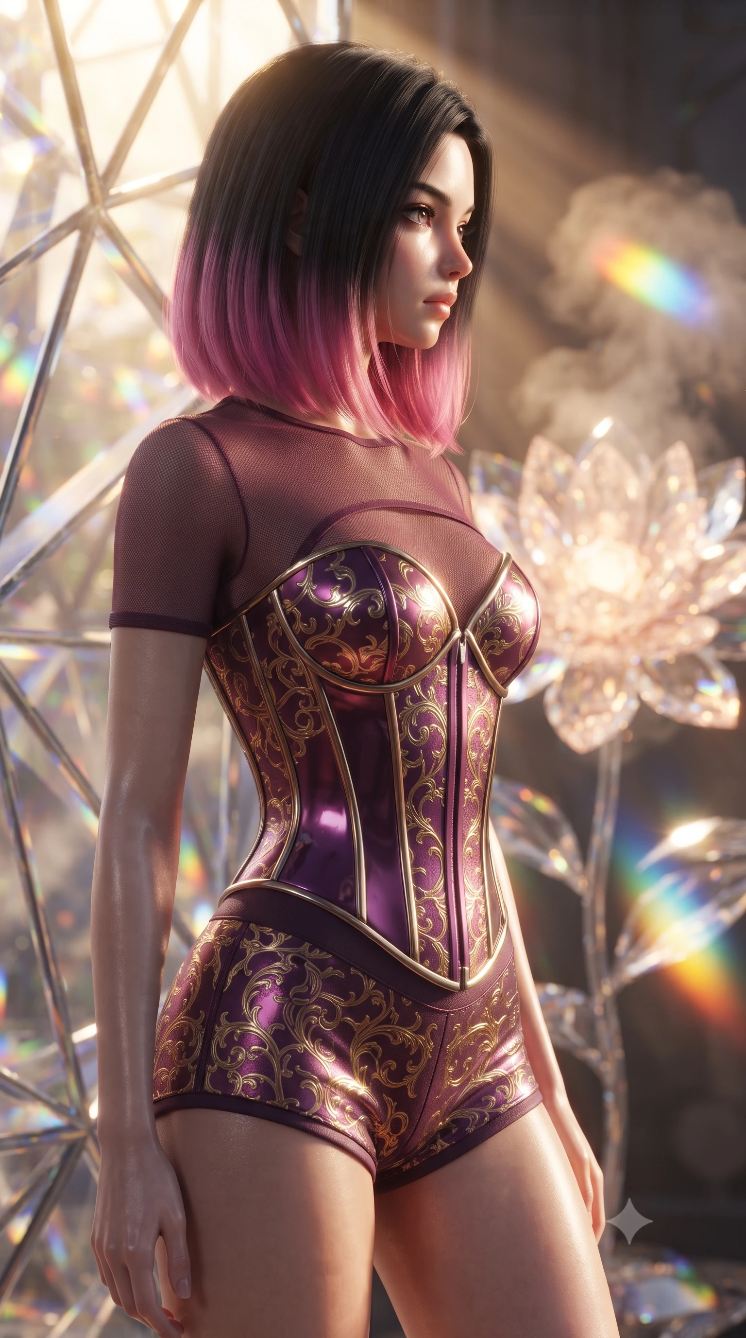 score_9, masterpiece, best quality, ultra-detailed, high-budget anime keyframe, editorial fashion photography, tasteful artistic composition, Korean woman. close-up cowboy shot from the waist and thighs up, the character dominates the composition, filling the frame with her large presence, background elements kept in soft focus. Turning her face in sharp dramatic profile against the bright light, showcasing her sharp v-shaped jawline resting near a giant solar-powered crystal flower emitting soft warm light, steam clouds refracting sunlight into brilliant rainbow prisms. She has an exceptionally elegant, slender, and willowy female figure with an ultra-slim waist, a gracefully sculpted slender torso, and a refined silhouette. sharp v-shaped jawline, high-bridge nose, intricate jewel-like eyes with depth, thick eyelashes, glossy lips with a natural sheen. wearing a chrome-plated structured bodice worn over a sheer mesh top and micro-shorts in plum purple and gold filigree, formed from sleek second-skin neoprene, accented with a Tasteful chest slit framing her clavicle gracefully, the form-contouring material highlighting her ultra-slim waist and long lines. lit by warm golden-hour rays cascading through crystalline glass panes. ultra-reflective glossy finish, specular highlights, metallic sheen, high-contrast stereoscopic depth, volumetric dynamic lighting, 2k, ultra detail, master piece, 9:16 ratio