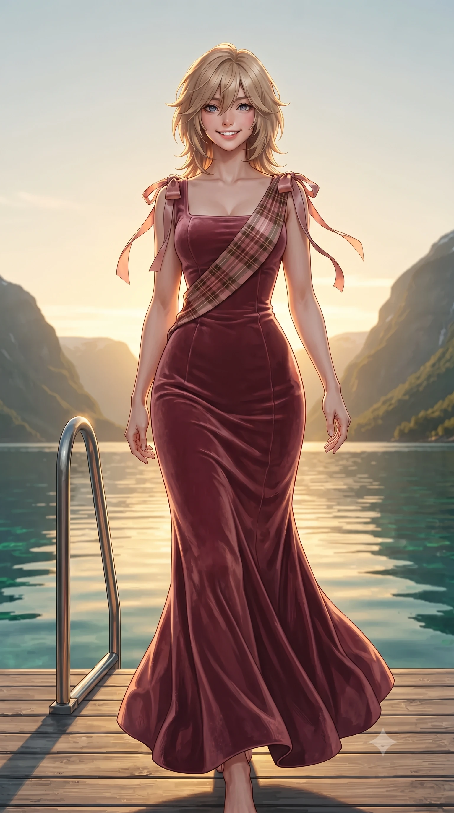 score_9, masterpiece, best quality, ultra-detailed, high-budget anime keyframe, editorial fashion photography, tasteful artistic composition, Japanese woman. low angle full-body shot from head to toe showing her feet, filling the entire 9:16 vertical frame with her statuesque presence, stretching her vertical silhouette. stepping slowly toward the camera with hypnotic grace, hips swaying in an alluring sensual rhythm that accentuates her curvy hourglass silhouette and long slender legs while twisting her slender torso in an alluring contrapposto stance beside the private lake ladder, golden sunbeams and emerald fjord caustics tracing her flat midriff and hips. The surrounding environment is rendered in vivid detail and crisp panoramic clarity: detailed garment cut, bodycon tailoring, and Scandinavian modern craft in razor-sharp precision. She has an exceptionally tall and slender model-like 8.5-heads proportion, an ultra-slim waist, a flat toned midriff, narrow delicate ribcage, and beautifully sculpted feminine hips creating a graceful, slim hourglass silhouette without any bulky heaviness, with impossibly long slender legs. sharp v-shaped jawline, high-bridge nose, intricate jewel-like sparkling eyes with depth, thick eyelashes, glossy parted lips with a natural peach sheen, bright cheerful beaming smile with an enchanting and coquettish sensual glint, exuding both youthful cute charm and seductive allure, flawlessly proportioned anatomical accuracy, strict slender model proportions, natural body alignment, perfectly sculpted long slender limbs, ultra-slim waistline, clean dynamic posture without body distortion. wearing a classical Scottish Victorian velvet evening gown with modest square neckline and tartan sash in rose-quartz blush and burnished copper, tailored from ultra-plush silk velvet with rich tactile depth and deep shadow gradients, finished with satin ribbon ties at the shoulders fluttering in the gentle breeze, the impeccably tailored cut draping gracefully along her slender figure with aristocratic poise. bathed in the surreal perpetual 3000K golden amber warmth of the Arctic midnight sun hanging low on the horizon. ultra-reflective glossy finish, specular highlights, rich textural contrasts, high-contrast stereoscopic depth, volumetric dynamic lighting, 2k, ultra detail, master piece, 9:16 ratio