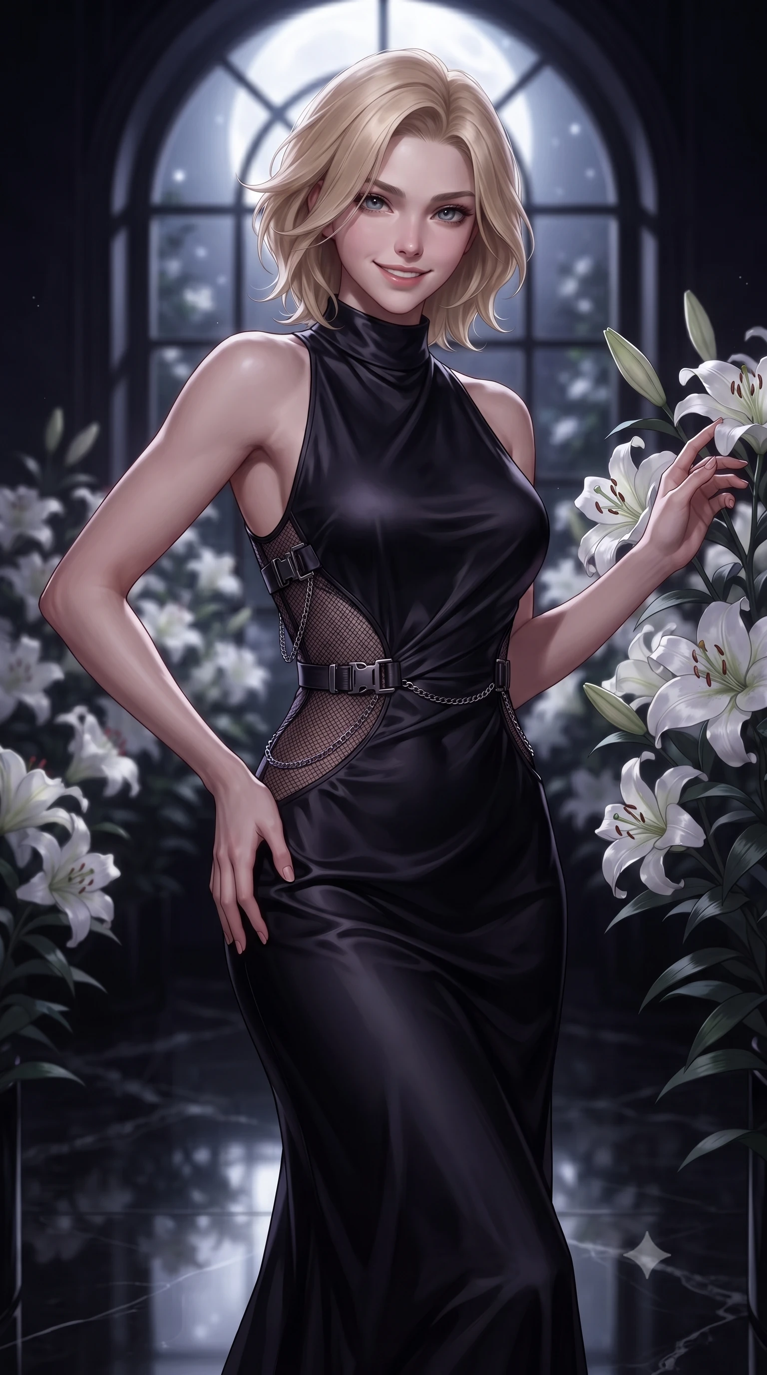 score_9, masterpiece, best quality, ultra-detailed, high-budget anime keyframe, editorial fashion photography, tasteful artistic composition, Caucasian woman. close-up cowboy shot from the waist and thighs up, the character dominates the composition, filling the frame with her large presence, background elements kept in soft focus. Smiling with quiet, magnetic self-assurance directly into the camera, navigating a dark solarium garden filled with night-blooming white lilies, dark polished marble floor reflecting her silhouette like black glass. She has an exceptionally elegant, slender, and willowy female figure with an ultra-slim waist, a gracefully sculpted slender torso, and a refined silhouette. sharp v-shaped jawline, high-bridge nose, intricate jewel-like eyes with depth, thick eyelashes, glossy lips with a natural sheen. wearing draped obsidian silk gown featuring tasteful waist slit cutouts in obsidian black, made of fine dark contouring mesh, framed by dark titanium buckles and silver chain details, the fitted fabric emphasizing her ultra-slim waist. illuminated by brilliant cold silver moonlight and deep obsidian shadows. highly saturated vibrant anime colors, detailed shading with soft gradients, rich glossy textures, high-contrast stereoscopic depth, volumetric dynamic lighting, master piece, 9:16 ratio