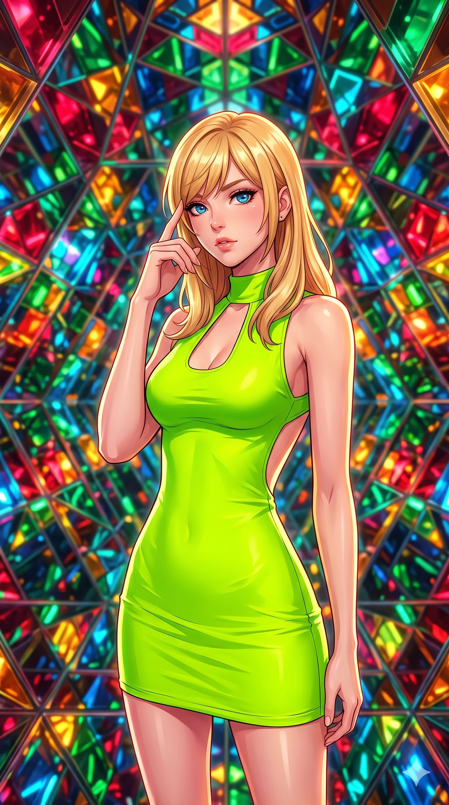 score_9, masterpiece, best quality, ultra-detailed, high-budget anime keyframe, editorial fashion photography, tasteful artistic composition, Caucasian woman, strictly human ears. close-up cowboy shot from the waist and thighs up, the character dominates the composition, filling the frame with her large presence, background elements kept in soft focus. Pressing two fingers to her temple in a composed thoughtful gesture. set against a soft-focus background of walking through the interior of a building-sized kaleidoscope where angled mirrors multiply geometric patterns of colored glass into infinite symmetrical fractals stretching in every direction. She has an exceptionally elegant and slender, willowy female figure with an ultra-slim waist, a gracefully sculpted slender torso, and a refined slim physique. sharp v-shaped jawline, high-bridge nose, intricate jewel-like eyes with depth, thick eyelashes, glossy lips with a natural sheen. wearing a precision-fitted mini dress in electric lime, featuring a forward-facing architectural neck cutout and a wide-open back. intensely saturated light from colored glass elements reflecting and multiplying in the mirrors creating an overwhelming symphony of ruby emerald sapphire and amber light. 2k, ultra detail, master piece, 9:16 ratio