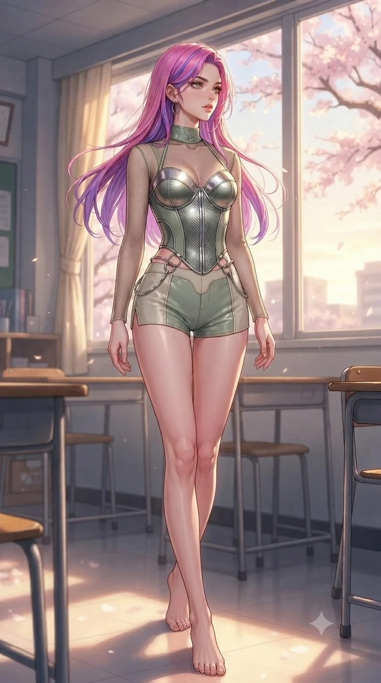 score_9, masterpiece, best quality, ultra-detailed, high-budget anime keyframe, editorial fashion photography, tasteful artistic composition, Caucasian woman. low angle full-body shot from head to toe showing her feet, filling the entire 9:16 vertical frame with her statuesque presence, stretching her vertical silhouette. navigating the luminous space with effortless poise, displaying her perfect model proportions looking out a large classroom window as golden sunlight fills the quiet room, soft evening breeze swaying her long hair gracefully against the skyline. She has an absolutely perfect, statuesque 8.5-heads proportion, an exceptionally tall and slender model-like female figure with impossibly long slender legs and an ultra-slim waist. sharp v-shaped jawline, high-bridge nose, intricate jewel-like eyes with depth, thick eyelashes, glossy lips with a natural sheen. wearing a chrome-plated structured bodice worn over a sheer mesh top and micro-shorts in sage green and oatmeal, made of fine carbon-fiber weave and soft matte leather, accented with delicate chrome ring hardware framing her waist, the sleek second-skin texture accentuating her magnetic presence. illuminated by soft glowing evening sunbeams filtering through sakura branches. highly saturated vibrant anime colors, detailed shading with soft gradients, rich glossy textures, high-contrast stereoscopic depth, volumetric dynamic lighting, master piece, 9:16 ratio