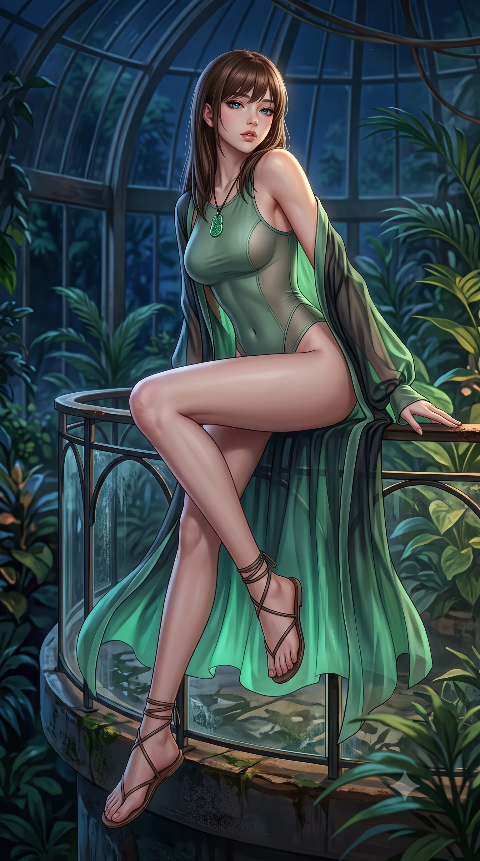 score_9, masterpiece, best quality, ultra-detailed, high-budget anime keyframe, semi-realistic 3D game render, editorial fashion photography, tasteful artistic composition, Korean woman. low angle full-body shot from head to toe showing her feet, filling the entire 9:16 vertical frame with her statuesque presence, stretching her vertical silhouette. sitting perched on the elevated edge with hips angled toward the camera and legs crossed, displaying her toned midriff and flawlessly sculpted slender limbs while leaning forward over the curved iron glasshouse railing with hips cocked back, looking back over her bare shoulder with sun-dazed bedroom-eyes. The surrounding environment is rendered in vivid detail and crisp panoramic clarity. lush nocturnal greenhouse chiaroscuro and enchanted botanical sanctuary aesthetics in precision. She has an absolutely perfect, statuesque 8.5-heads proportion, an exceptionally tall and slender model-like female figure with impossibly long slender legs, a toned flat midriff, an ultra-slim waist, and beautifully sculpted feminine hips. sharp v-shaped jawline, high-bridge nose, intricate jewel-like eyes with depth, thick eyelashes, glossy parted lips with a natural sheen, intensely captivating and seductive bedroom-eyes expression, flawlessly proportioned anatomical accuracy, strict slender model proportions, natural body alignment, perfectly sculpted long slender limbs, ultra-slim waistline, clean dynamic posture without body distortion. wearing a second-skin sage-green compression bodysuit with sheer mesh side contours and an airy resort robe in wet asphalt black and glowing jade green, woven from sheer cascading chiffon that ripples like water with every step, accessorized with minimalist leather wrap sandals and a carved jade pendant, the precision-cut side openings and low-back scoop framing her graceful spine and the sensual sweep of her hips. surrounded by an otherworldly, sensual, and exquisitely pure water-lily nymph aura. highly saturated vibrant anime colors, detailed shading with soft gradients, rich glossy textures, high-contrast stereoscopic depth, volumetric dynamic lighting, master piece, 9:16 ratio