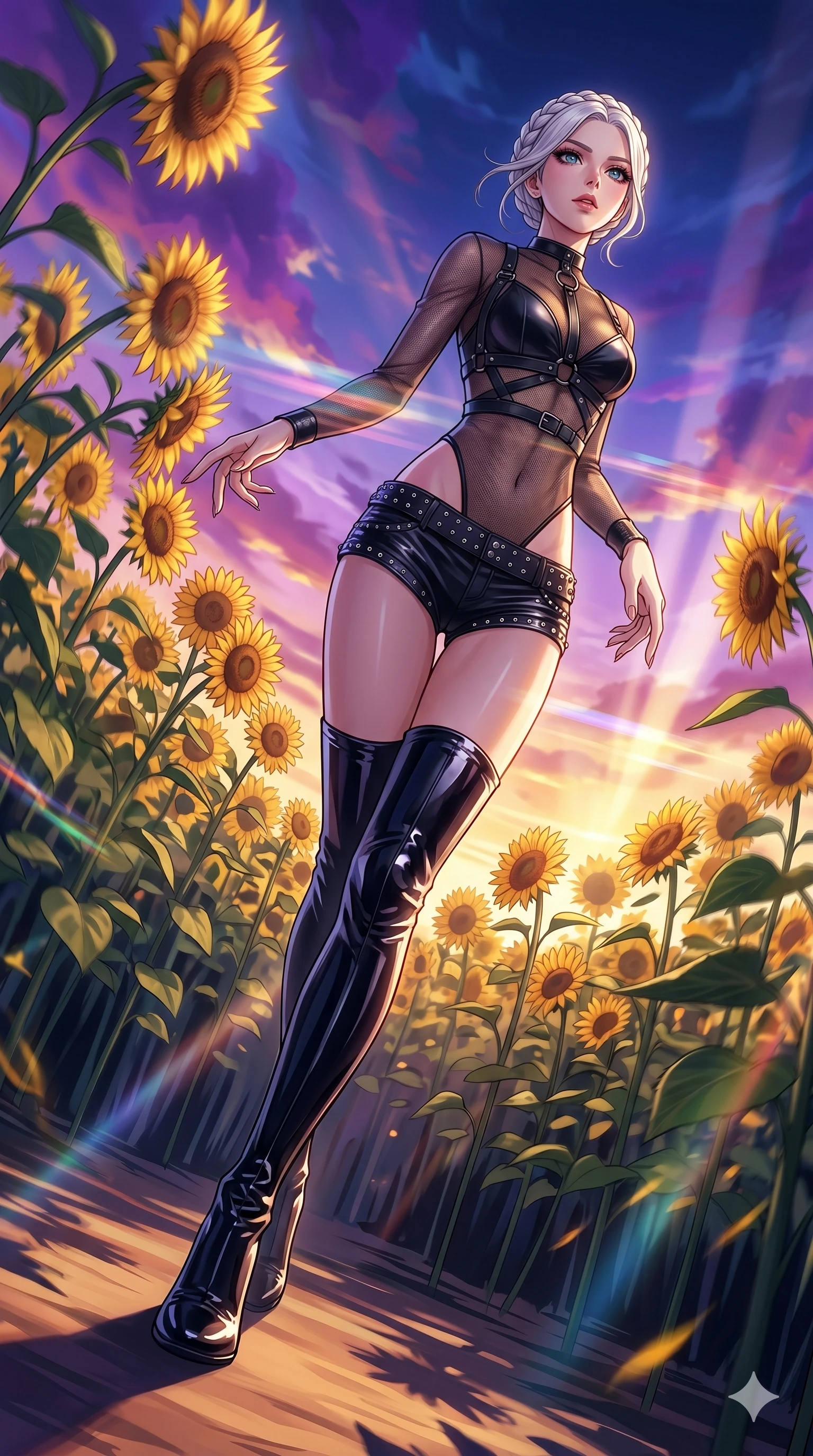 score_9, masterpiece, best quality, ultra-detailed, high-budget anime movie keyframe, cinematic anime lighting, intricate line art, Japanese woman. Dynamic full-body shot stretching the vertical silhouette with extreme perspective. spinning in a field of sunflowers that all sway in time with her. She has an absolutely perfect 8-heads proportion, an exceptionally tall and slender female figure with an ultra-slim waist and impossibly long slender legs. strictly human anatomy, two legs only, no extra limbs, clearly defined legs and arms, perfect anatomy, perfect hands and fingers. sharp v-shaped jawline, high-bridge nose, intricate jewel-like eyes, thick eyelashes, glossy lips. Wearing K-Idol Stage: Leather harness over mesh, high-cut bodysuit, studded micro-shorts, and thigh-high patent boots. The scene is illuminated by dramatic atmospheric lighting and vibrant color palettes. , 2k, ultra detail, master piece, 9:16 ratio