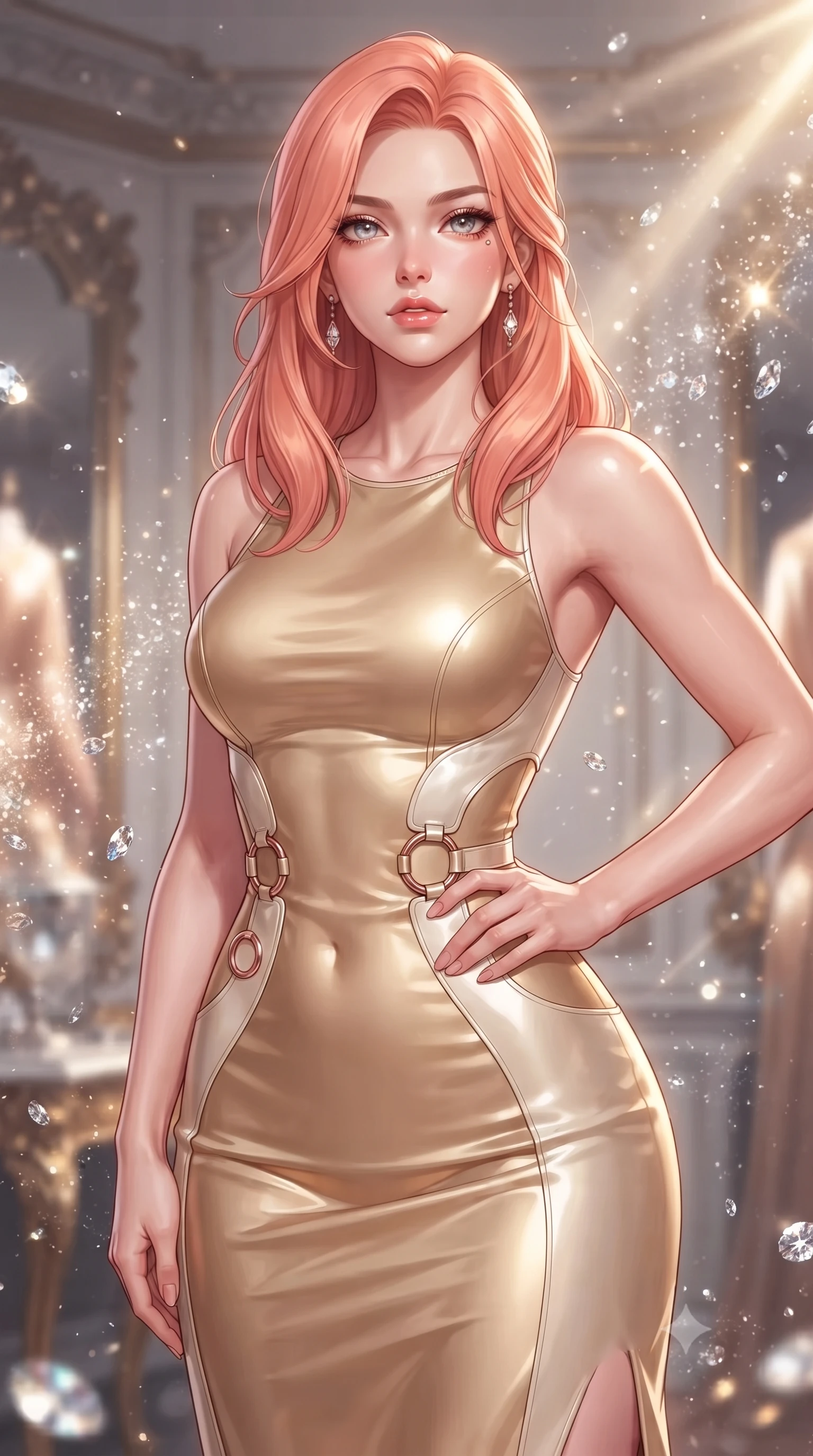 score_9, masterpiece, best quality, ultra-detailed, high-budget anime keyframe, editorial fashion photography, tasteful artistic composition, Japanese woman. close-up cowboy shot from the waist and thighs up, the character dominates the composition, filling the frame with her large presence, background elements kept in soft focus. Holding a confident power pose with one hand on her hip, resting amidst a storm of suspended diamond dust glitter, fashion editorial presence with high-intensity visual clarity. She has an exceptionally elegant, slender, and willowy female figure with an ultra-slim waist, a gracefully sculpted slender torso, and a refined silhouette. sharp v-shaped jawline, high-bridge nose, intricate jewel-like eyes with depth, thick eyelashes, glossy lips with a natural sheen. wearing fitted opal-glazed silk maxi dress hugging every curve in champagne gold, made of polished ivory leather, trimmed with rose-gold ring hardware along the waist contours, the fitted fabric emphasizing her ultra-slim waist. lit by a single piercing key ray multiplying through crystal mirrors. highly saturated vibrant anime colors, detailed shading with soft gradients, rich glossy textures, high-contrast stereoscopic depth, volumetric dynamic lighting, master piece, 9:16 ratio