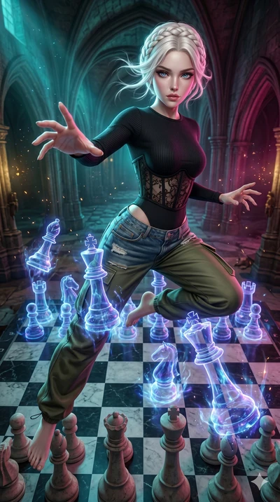 score_9, masterpiece, best quality, ultra-detailed, photorealistic 8k CG, hyper-detailed textures, ray-tracing, Japanese woman. Extreme high angle shot as she leaps towards the camera, filling the frame. summoning a phantom army of chess pieces on a 