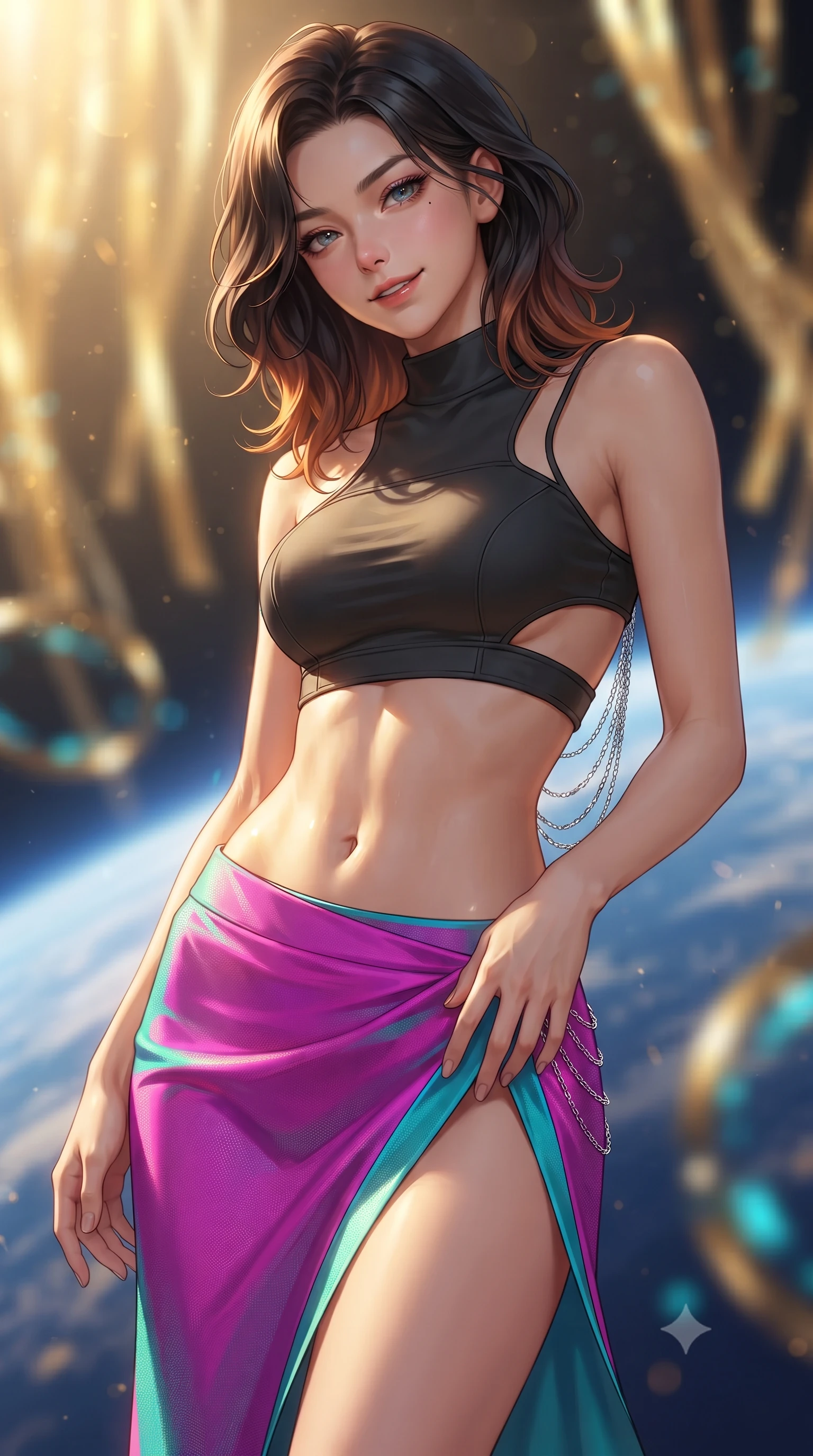 score_9, masterpiece, best quality, ultra-detailed, high-budget anime keyframe, editorial fashion photography, tasteful artistic composition, Korean woman. close-up cowboy shot from the waist and thighs up, the character dominates the composition, filling the frame with her large presence. tilting her head with a teasing half-smile, running one hand slowly down the side of her hip in a flirtatious S-curve as ambient light caresses her silhouette while twisting her slender torso in an alluring S-curve, intense solar radiation filters painting golden highlights across her flat midriff and hips. The background shows a soft-focus shimmering golden solar wind streamers, curving atmospheric blue limb of Earth, and spinning quantum sensor rings blurred into gold, cyan, and deep sapphire bokeh. She has an exceptionally elegant, slender, and willowy female figure with an ultra-slim waist, flat toned midriff, narrow ribcage, and sculpted feminine hips creating an alluring, slim hourglass silhouette without bulk. sharp v-shaped jawline, high-bridge nose, intricate jewel-like sparkling eyes with depth, thick eyelashes, glossy parted lips with a natural peach sheen, bright cheerful beaming smile with an enchanting and coquettish sensual glint, exuding both youthful cute charm and seductive allure, flawlessly proportioned anatomical accuracy, strict slender model proportions, natural body alignment, perfectly sculpted long slender limbs, ultra-slim waistline, clean dynamic posture without body distortion. wearing an alluring tactical crop top with asymmetrical side-rib cutouts and high-neck collar paired with a high-slit wrap skirt in Kowloon neon magenta and electric teal, tailored from high-density tech-wool with subtle metallic thread weave, accented with an open-back drape framed by falling strands of delicate chrome chains, the bespoke structured tailoring following the natural line of her 8.5-heads silhouette with refined elegance. bathed in the blinding warm golden 3500K solar radiance filtered through polarizing helmet smart-glass. ultra-reflective glossy finish, specular highlights, rich textural contrasts, high-contrast stereoscopic depth, volumetric dynamic lighting, 2k, ultra detail, master piece, 9:16 ratio