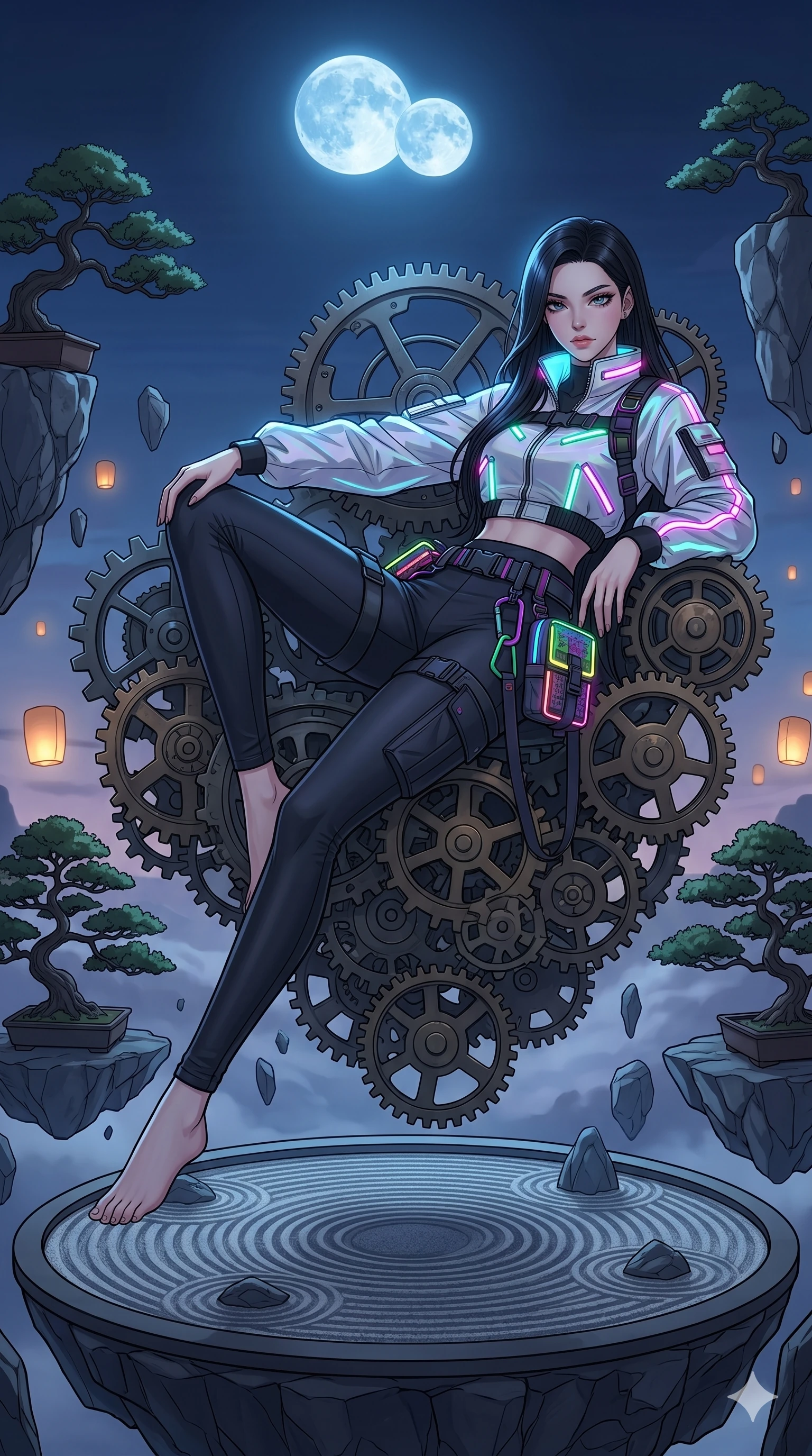 score_9, masterpiece, best quality, ultra-detailed, high-budget anime movie keyframe, cinematic anime lighting, intricate line art, Japanese woman. Dynamic full-body shot stretching the vertical silhouette across the 9:16 frame. resting on a throne of gears in a floating zen garden under a twin-moon sky. She has an absolutely perfect 8-heads proportion, an exceptionally tall and slender female figure with an ultra-slim waist and impossibly long slender legs. sharp v-shaped jawline, high-bridge nose, intricate jewel-like eyes, thick eyelashes, glossy lips. Wearing modern urban tech-wear ensemble with a cropped reflective bomber jacket, ultra-slim high-waisted cargo leggings, and tactical harness with neon-lit pouches. The scene is illuminated by dramatic atmospheric lighting and vibrant color palettes. , 2k, ultra detail, master piece, 9:16 ratio