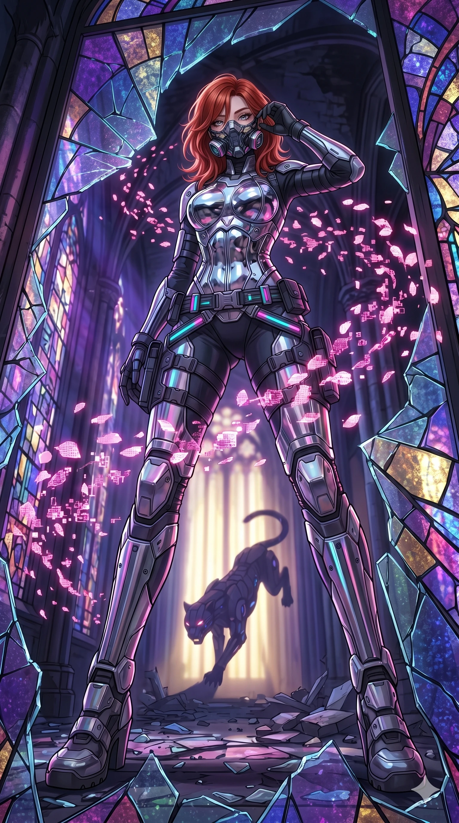 score_9, masterpiece, best quality, ultra-detailed, Set A: High-budget Anime Keyframe, Caucasian (strictly human ears) woman. Low angle cowboy shot filling the entire 9:16 frame with her statuesque presence. Adjusting a mask through a shattered glass cathedral, while her shadow mimics the movements of a predator 25 and surrounded by digital sakura petals. She has an absolutely perfect 8-heads proportion, an exceptionally tall and slender female figure with impossibly long slender legs and an ultra-slim waist. Sharp v-shaped jawline, high-bridge nose, intricate jewel-like eyes with depth, thick eyelashes, glossy lips with a natural sheen. Wearing Modular tactical gear with a chrome-plated corset and neon-lit tactical belts. Cinematic lighting, vibrant colors, dramatic shadows, 2k, ultra detail, master piece, 9:16 ratio