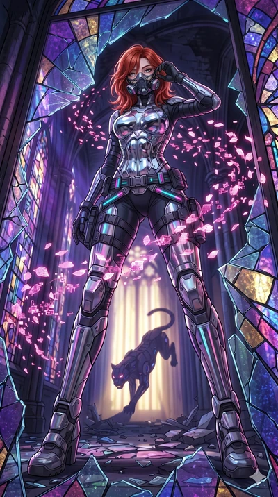 score_9, masterpiece, best quality, ultra-detailed, Set A: High-budget Anime Keyframe, Caucasian (strictly human ears) woman. Low angle cowboy shot filling the entire 9:16 frame with her statuesque presence. Adjusting a mask through a shattered glass