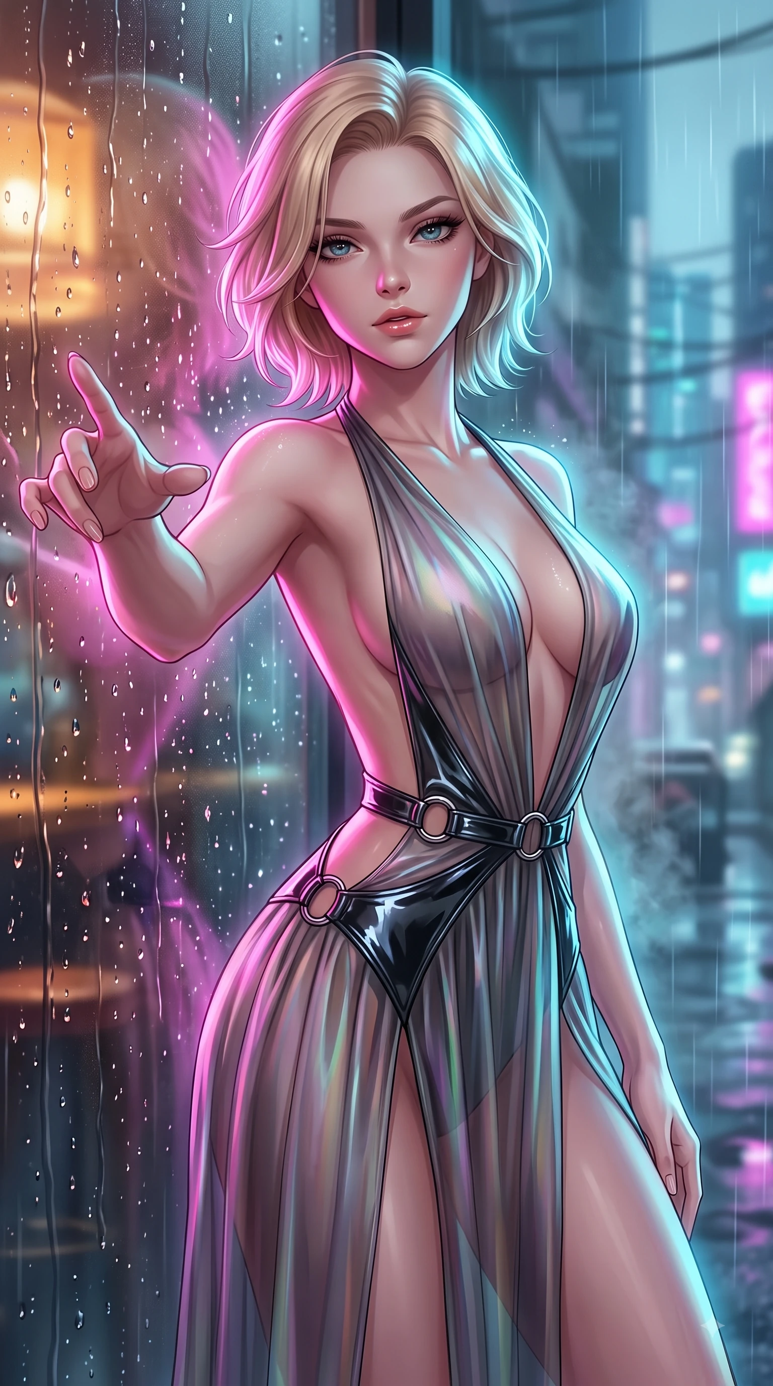 score_9, masterpiece, best quality, ultra-detailed, high-budget anime keyframe, editorial fashion photography, tasteful artistic composition, Caucasian woman. close-up cowboy shot from the waist and thighs up, the character dominates the composition, filling the frame with her large presence, background elements kept in soft focus. Reaching one arm gracefully toward the camera with magnetic poise, displaying her statuesque silhouette while leaning against a wet glass window as rain droplets catch intense specular highlights, soft urban mist scattering vibrant magenta and cyan neon rim light around her silhouette. She has an exceptionally elegant, slender, and willowy female figure with an ultra-slim waist, a gracefully sculpted slender torso, and a refined silhouette. sharp v-shaped jawline, high-bridge nose, intricate jewel-like eyes with depth, thick eyelashes, glossy lips with a natural sheen, flawlessly proportioned anatomical accuracy, natural body alignment, perfectly sculpted elegant limbs, clean dynamic posture without body distortion. wearing a translucent iridescent chiffon gown with a plunging neckline and open back in charcoal grey and platinum, tailored from high-gloss patent leather, accented with delicate chrome ring hardware framing her waist, the elegant draped fit framing her graceful clavicle and slender torso. illuminated by warm indoor bar amber light and cool rainy blue neon rim light. highly saturated vibrant anime colors, detailed shading with soft gradients, rich glossy textures, high-contrast stereoscopic depth, volumetric dynamic lighting, master piece, 9:16 ratio