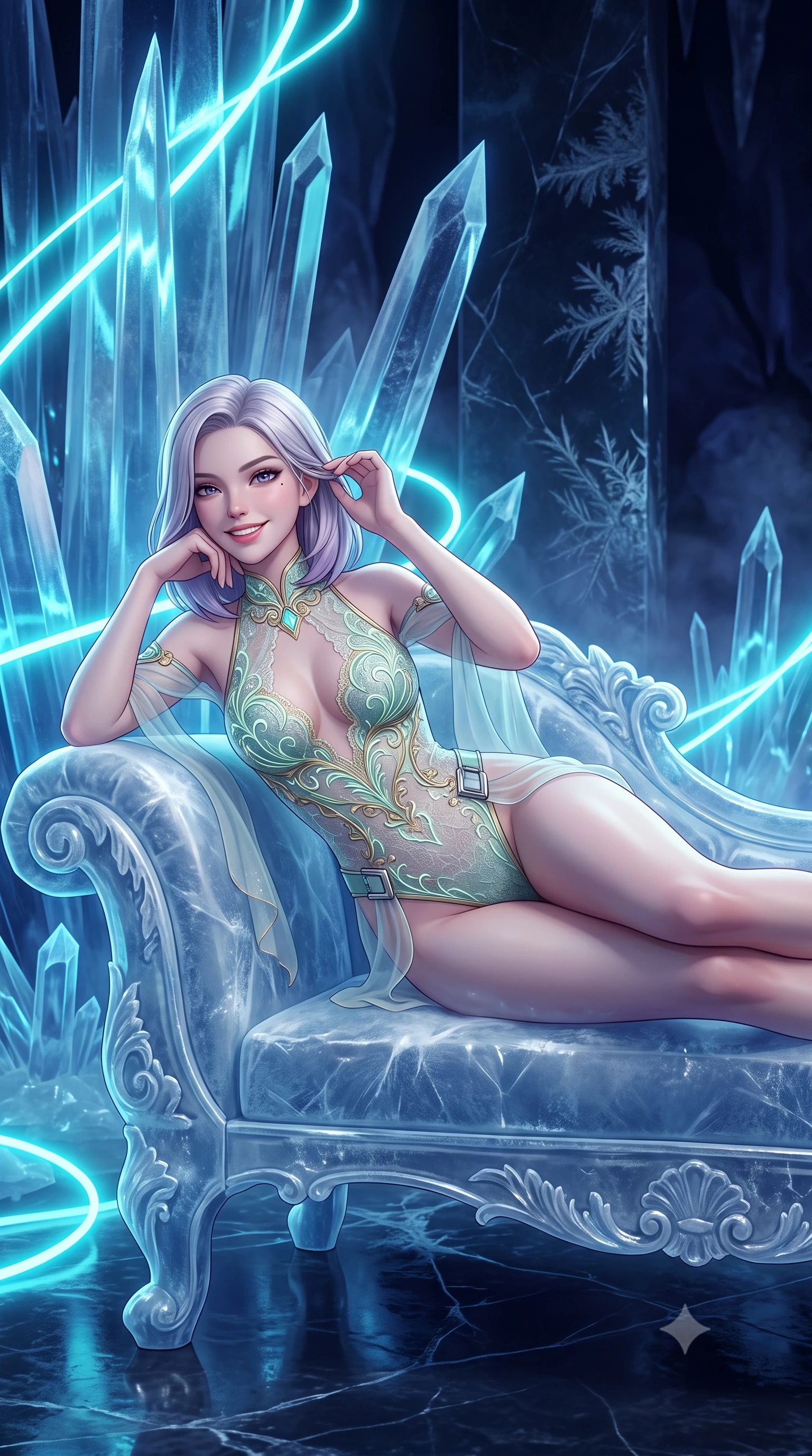 score_9, masterpiece, best quality, ultra-detailed, high-budget anime keyframe, semi-realistic 3D game render, editorial fashion photography, tasteful artistic composition, Caucasian woman. close-up cowboy shot from the waist and thighs up, the character dominates the composition, filling the frame with her large presence. gently brushing a lock of hair behind her ear while casting a playful, flirtatious side-gaze with long eyelashes while lounging gracefully across the carved ice settee propped on one elbow with legs extended, displaying her long slender limbs and statuesque hourglass silhouette with regal anime flair. The surrounding environment is rendered in vivid detail and crisp panoramic clarity: sharp ice crystal organ fluting, frost dendrite fractures on polished stone stage, and crisp neon tube contours in deep focus. She has an exceptionally elegant, slender, and willowy female figure with an ultra-slim waist, flat toned midriff, narrow ribcage, and sculpted feminine hips creating an alluring, slim hourglass silhouette without bulk. sharp v-shaped jawline, high-bridge nose, intricate jewel-like sparkling eyes with depth, thick eyelashes, glossy parted lips with a natural peach sheen, bright cheerful beaming smile with an enchanting and coquettish sensual glint, exuding both youthful cute charm and seductive allure, flawlessly proportioned anatomical accuracy, strict slender model proportions, natural body alignment, perfectly sculpted long slender limbs, ultra-slim waistline, clean dynamic posture without body distortion. wearing an alluring backless sheer lace leotard with high-cut leg openings and delicate fiber-optic embroidery framing her spine in celadon jade and antique gold-leaf, made of sheer gossamer chiffon that drapes softly against skin with airy translucence, finished with sleek magnetic buckle closures fluttering in the breeze, the bespoke structured tailoring following the natural line of her 8.5-heads silhouette with refined elegance. bathed in high-contrast cyan neon aria pulses contrasted with deep velvety indigo stage shadows. highly saturated vibrant anime colors, detailed shading with soft gradients, rich glossy textures, high-contrast stereoscopic depth, volumetric dynamic lighting, master piece, 9:16 ratio