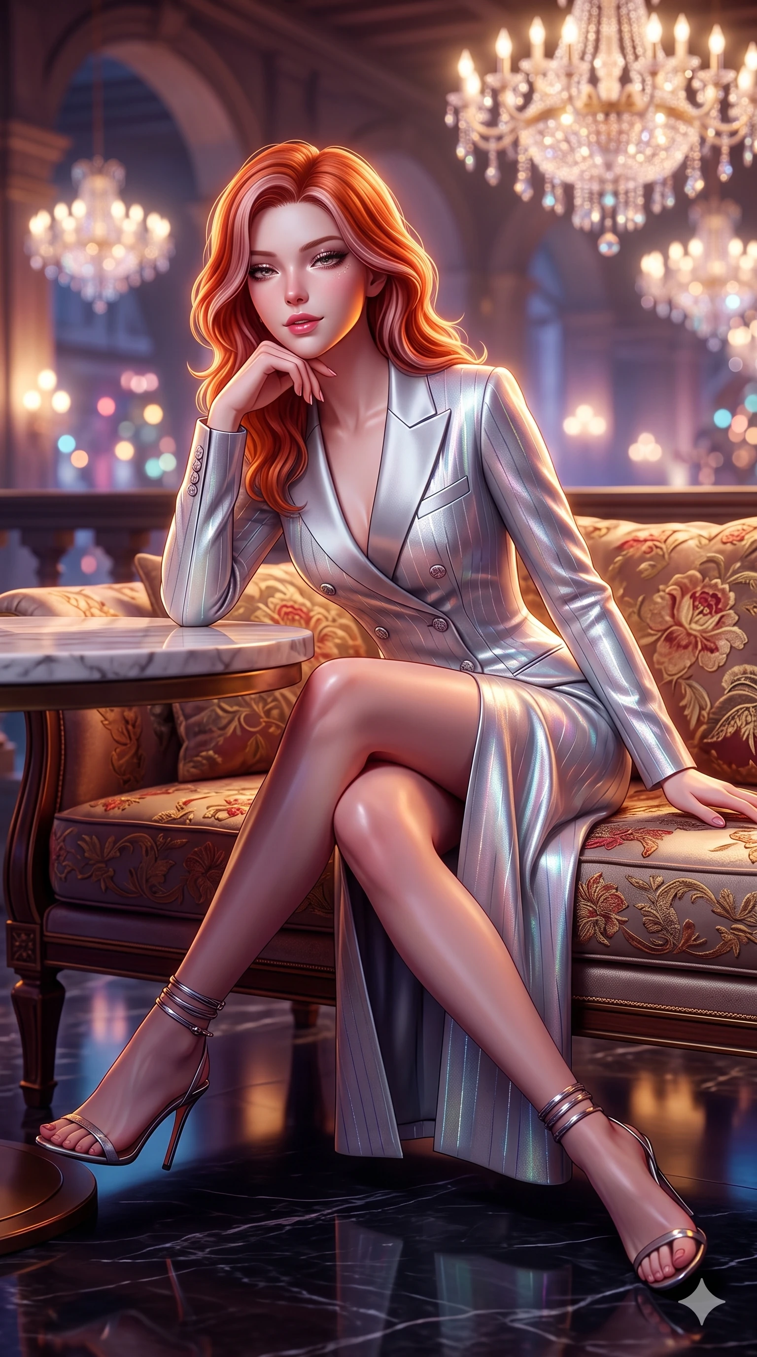 score_9, masterpiece, best quality, ultra-detailed, high-budget anime keyframe, semi-realistic 3D game render, editorial fashion photography, tasteful artistic composition, Caucasian woman. close-up cowboy shot from the waist and thighs up, the character dominates the composition, filling the frame with her large presence. resting one elbow on the table and supporting her chin, leaning close to the camera with heavy-lidded sparkling eyes and parted lips while lounging in an embroidered silk divan propped on one elbow with legs crossed, flashing an intoxicating smile with parted glossy lips as crystal chandeliers sparkle. The background shows a soft-focus grand ballroom champagne haze softened in historic Bund loggia shallow focus. She has an exceptionally elegant, slender, and willowy female figure with an ultra-slim waist, flat toned midriff, narrow ribcage, and sculpted feminine hips creating an alluring, slim hourglass silhouette without bulk. sharp v-shaped jawline, high-bridge nose, intricate jewel-like sparkling eyes with depth, thick eyelashes, glossy parted lips with a natural sheen, intensely captivating and seductive bedroom-eyes expression, exuding both youthful cute charm and sovereign luxury allure, flawlessly proportioned anatomical accuracy, strict slender model proportions, natural body alignment, perfectly sculpted long slender limbs, ultra-slim waistline, clean dynamic posture without body distortion. wearing a tailored double-breasted tuxedo evening dress with structured satin lapels and subtle silver pinstripes in iridescent mother-of-pearl and liquid molten silver, woven from high-density tech-wool with subtle metallic thread weave, complemented by strappy stiletto sandals with metallic ankle wraps accentuating her slender calves, the bespoke structured tailoring following the natural line of her 8.5-heads silhouette with refined elegance. illuminated by black marble floor reflections and sharp gold-amber rim lights sculpting her razor-sharp jawline, narrow waist, and curvy hips. highly saturated vibrant anime colors, detailed shading with soft gradients, rich glossy textures, high-contrast stereoscopic depth, volumetric dynamic lighting, master piece, 9:16 ratio