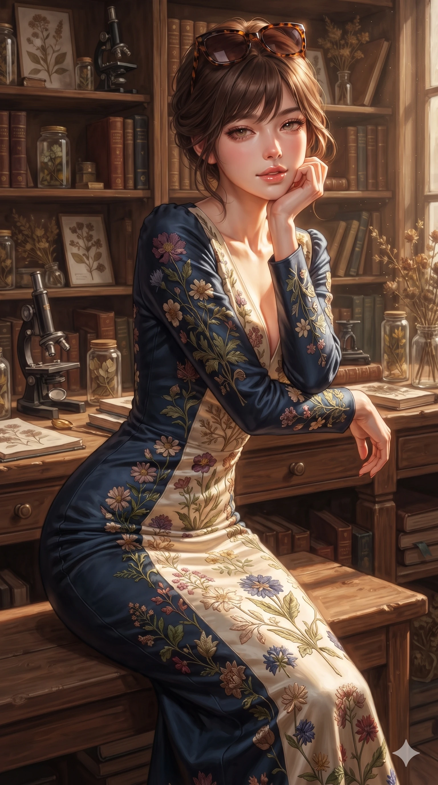score_9, masterpiece, best quality, ultra-detailed, high-budget anime keyframe, editorial fashion photography, tasteful artistic composition, Korean woman. close-up cowboy shot from the waist and thighs up, the character dominates the composition, filling the frame with her large presence. resting one elbow on the potting bench and supporting her chin, leaning close to the camera with heavy-lidded sparkling eyes and parted lips while twisting her slender torso in an alluring contrapposto stance beside the research table, afternoon sunbeams illuminating her flat midriff and hips. The background shows a soft-focus historic Victorian botanical archive softened in scholarly sanctuary shallow focus. She has an exceptionally elegant, slender, and willowy female figure with an ultra-slim waist, flat toned midriff, narrow ribcage, and sculpted feminine hips creating an alluring, slim hourglass silhouette without bulk. sharp v-shaped jawline, high-bridge nose, sparkling eyes with hypnotic seductive depth, thick curled eyelashes, glossy parted lips with a natural dewy peach sheen, alluring bedroom-eyes with an enchanting coquettish smile, exuding magnetic siren charisma and sophisticated glamour, flawlessly proportioned anatomical accuracy, strict slender model proportions, natural body alignment, perfectly sculpted long slender limbs, ultra-slim waistline, clean dynamic posture without body distortion. wearing an elegant long-sleeve embroidered botanical silk column gown with structured shoulders in French Riviera navy and crisp champagne ivory, tailored from crisp high-density botanical cotton poplin with pristine structural hold, complemented by oversized designer tortoiseshell sunglasses resting atop her head, the impeccably tailored cut draping gracefully along her slender figure with aristocratic botanical poise. illuminated by parchment reflection fill and sharp warm-amber rim lights defining her razor-sharp jawline, narrow waist, and curvy hips. ultra-reflective glossy finish, specular highlights, rich textural contrasts, high-contrast stereoscopic depth, volumetric dynamic lighting, 2k, ultra detail, master piece, 9:16 ratio