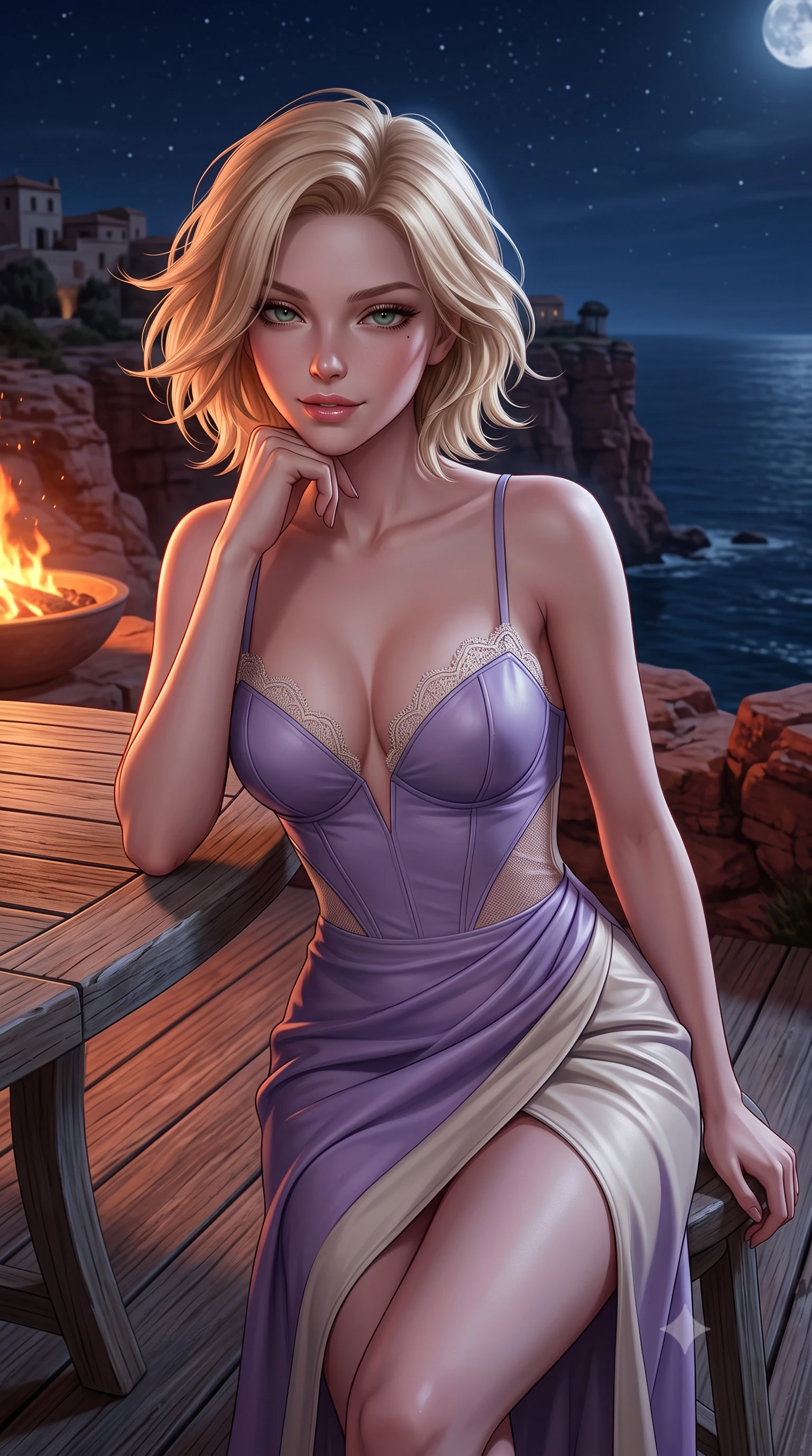 score_9, masterpiece, best quality, ultra-detailed, high-budget anime keyframe, semi-realistic 3D game render, editorial fashion photography, tasteful artistic composition, Caucasian woman. close-up cowboy shot from the waist and thighs up, the character dominates the composition, filling the frame with her large presence. resting one elbow on the table and supporting her chin, leaning close to the camera with heavy-lidded sparkling eyes and parted lips while standing poised on the weathered teak deck at the edge of the wild red sandstone cliff, arching her spine with high-fashion ease as nocturnal ocean winds whip her gown. The surrounding environment is rendered in vivid detail and crisp panoramic clarity: detailed outfit silhouette, fabric cling or tailoring, and coastal architecture in high resolution. She has an exceptionally elegant, slender, and willowy female figure with an ultra-slim waist, flat toned midriff, narrow ribcage, and sculpted feminine hips creating an alluring, slim hourglass silhouette without bulk. sharp v-shaped jawline, high-bridge nose, intricate jewel-like sparkling eyes with depth, thick eyelashes, glossy parted lips with a natural peach sheen, bright cheerful beaming smile with an enchanting and coquettish sensual glint, exuding both youthful cute charm and seductive allure, flawlessly proportioned anatomical accuracy, strict slender model proportions, natural body alignment, perfectly sculpted long slender limbs, ultra-slim waistline, clean dynamic posture without body distortion. wearing an alluring plunging sweetheart bustier dress with sheer mesh side-waist cutouts contouring her ribs in Luberon lavender purple and Provençal limestone cream, woven from buttery-soft stretch lambskin leather adhering to her body like a second skin, finished with scalloped eyelash lace trim framing her sweetheart neckline with intimate elegance, the high-slit wrap tailoring accentuating her ultra-slim waistline and the enchanting curve of her feminine hips with alluring seductive charm. bathed in the warm radiant 2100K hearth glow of the outdoor fire bowl mixed with cool Atlantic starlight and moonlight. highly saturated vibrant anime colors, detailed shading with soft gradients, rich glossy textures, high-contrast stereoscopic depth, volumetric dynamic lighting, master piece, 9:16 ratio