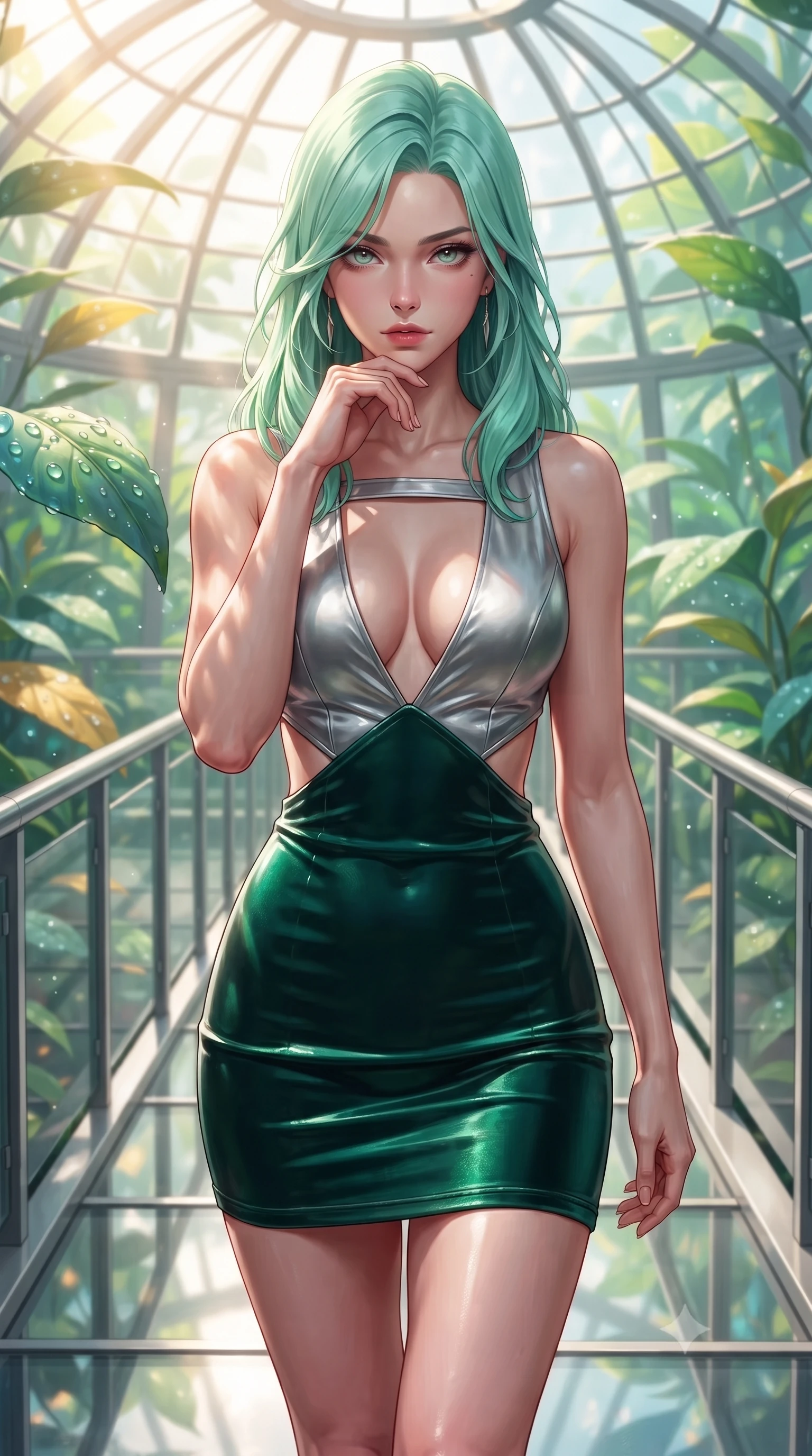 score_9, masterpiece, best quality, ultra-detailed, high-budget anime keyframe, editorial fashion photography, tasteful artistic composition, Japanese woman. close-up cowboy shot from the waist and thighs up, the character dominates the composition, filling the frame with her large presence, background elements kept in soft focus. Resting her chin on the backs of her fingers, casting a sharp, mysterious gaze walking along a platinum-framed glass walkway in a sunlit botanical dome, dewdrops on bioluminescent leaves reflecting vibrant emerald and gold. She has an exceptionally elegant, slender, and willowy female figure with an ultra-slim waist, a gracefully sculpted slender torso, and a refined silhouette. sharp v-shaped jawline, high-bridge nose, intricate jewel-like eyes with depth, thick eyelashes, glossy lips with a natural sheen. wearing a liquid mercury gloss mini dress with ultra-deep V-neck and waist cutouts in deep emerald green and silver accent, made of premium stretch velvet with a rich sheen, accented with a Tasteful chest slit framing her clavicle gracefully, the glove-like fit emphasizing her statuesque silhouette. illuminated by brilliant sunbeams casting organic leaf stencil shadows. highly saturated vibrant anime colors, detailed shading with soft gradients, rich glossy textures, high-contrast stereoscopic depth, volumetric dynamic lighting, master piece, 9:16 ratio