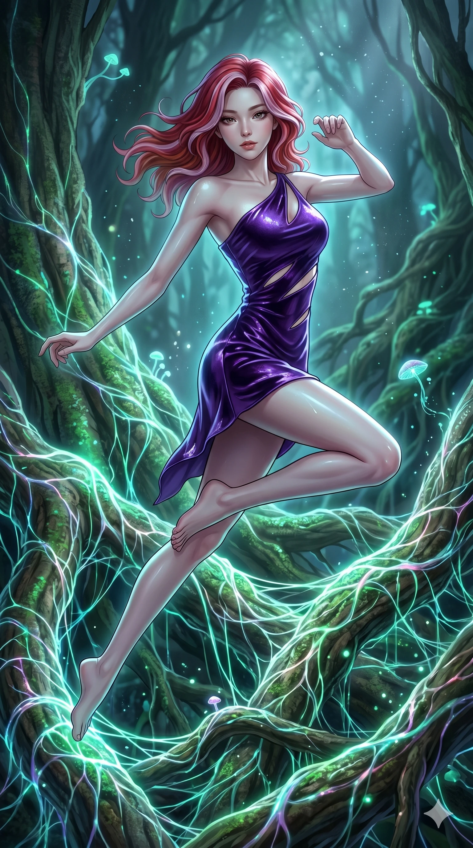score_9, masterpiece, best quality, ultra-detailed, high-budget anime keyframe, Korean woman. upper body close-up from the thighs up, character filling the screen for maximum presence. jumping amidst giant ancient tree roots wrapped in trillions of glowing mycelium threads pulsing with emerald and opal light. She has an absolutely perfect 8-heads proportion, an exceptionally tall and slender female figure with impossibly long slender legs and an ultra-slim waist. V-shaped jawline, high-bridge nose, intricate jewel-like eyes with depth, thick eyelashes, glossy lips with a natural sheen.. wearing an asymmetric liquid velvet slip dress, featuring a wet-look deep purple velvet one-shoulder mini slip with slanted slashed cutouts. lit by a soft glowing ambient light and a sharp side key light that traces the sleek contours of her athletic build. 2k, ultra detail, master piece, 9:16 ratio