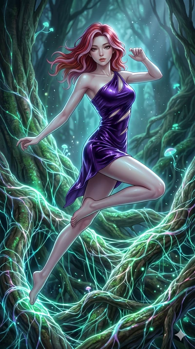 score_9, masterpiece, best quality, ultra-detailed, high-budget anime keyframe, Korean woman. upper body close-up from the thighs up, character filling the screen for maximum presence. jumping amidst giant ancient tree roots wrapped in trillions of g