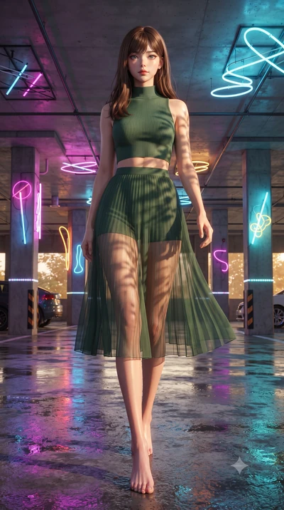 score_9, masterpiece, best quality, ultra-detailed, high-budget anime keyframe, editorial fashion photography, tasteful artistic composition, Korean woman. low angle full-body shot from head to toe showing her feet, filling the entire 9:16 vertical f