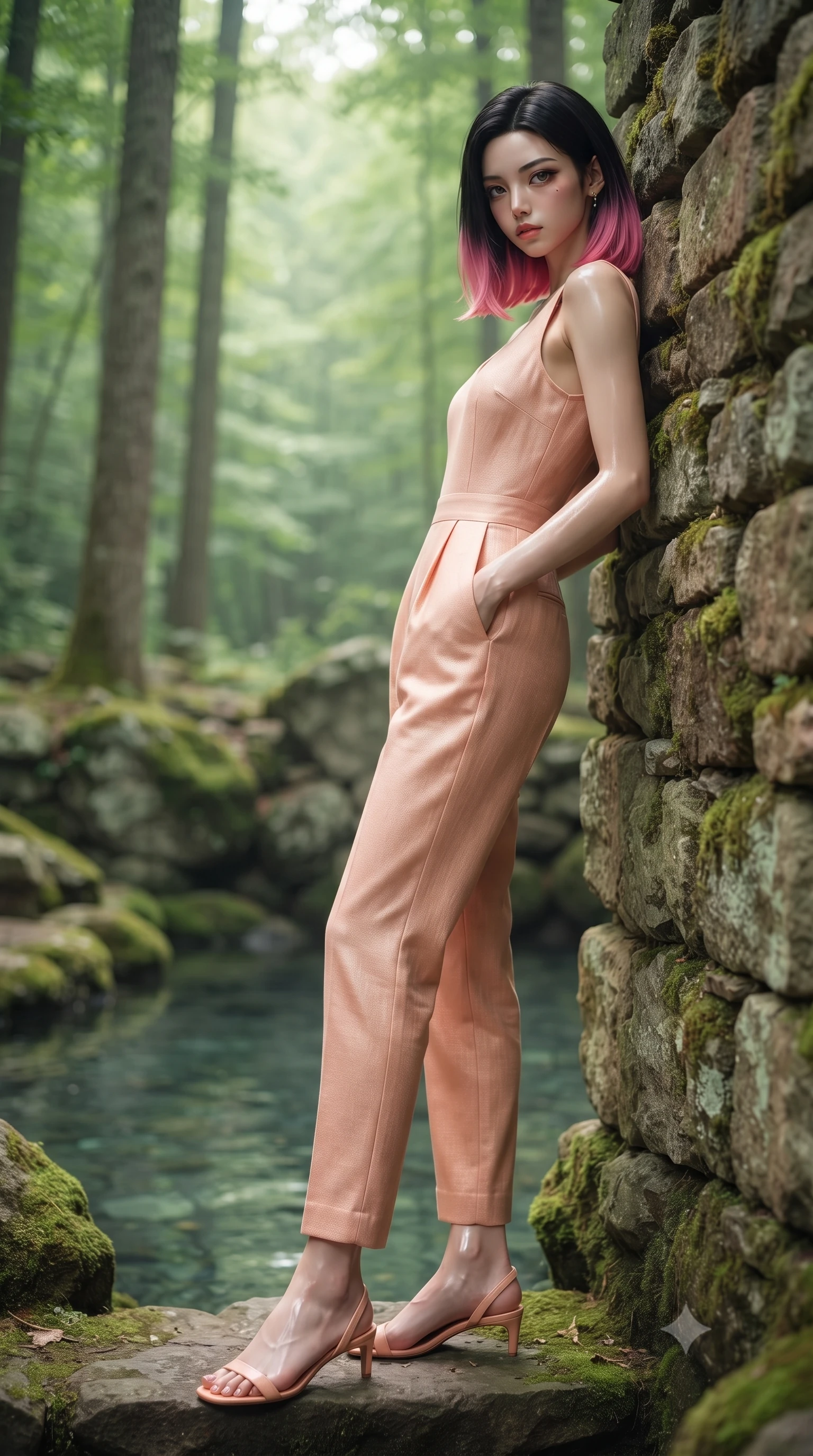 score_9, masterpiece, best quality, ultra-detailed, high-budget anime keyframe, editorial fashion photography, tasteful artistic composition, Korean woman woman. low angle full-body shot from head to toe showing her feet, filling the entire 9:16 vertical frame with her statuesque presence, stretching her vertical silhouette. leaning back against a rustic stone wall, casting a slow, alluring gaze at the camera the background shows a soft-focus a natural stone pool surrounded by mossy rocks and tall trees in a private estate. She has an absolutely perfect, statuesque 8.5-heads proportion, an exceptionally tall and slender model-like female figure with impossibly long slender legs and an ultra-slim waist. sharp v-shaped jawline, high-bridge nose, intricate jewel-like eyes with depth, thick eyelashes, glossy lips with a natural sheen. wearing a tailored modern linen jumpsuit in soft peach, featuring a comfortable scoop neckline and side pockets. soft diffused green light filtering through the dense forest canopy. ultra-reflective glossy finish, specular highlights, metallic sheen, high-contrast stereoscopic depth, volumetric dynamic lighting, 2k, ultra detail, master piece, 9:16 ratio