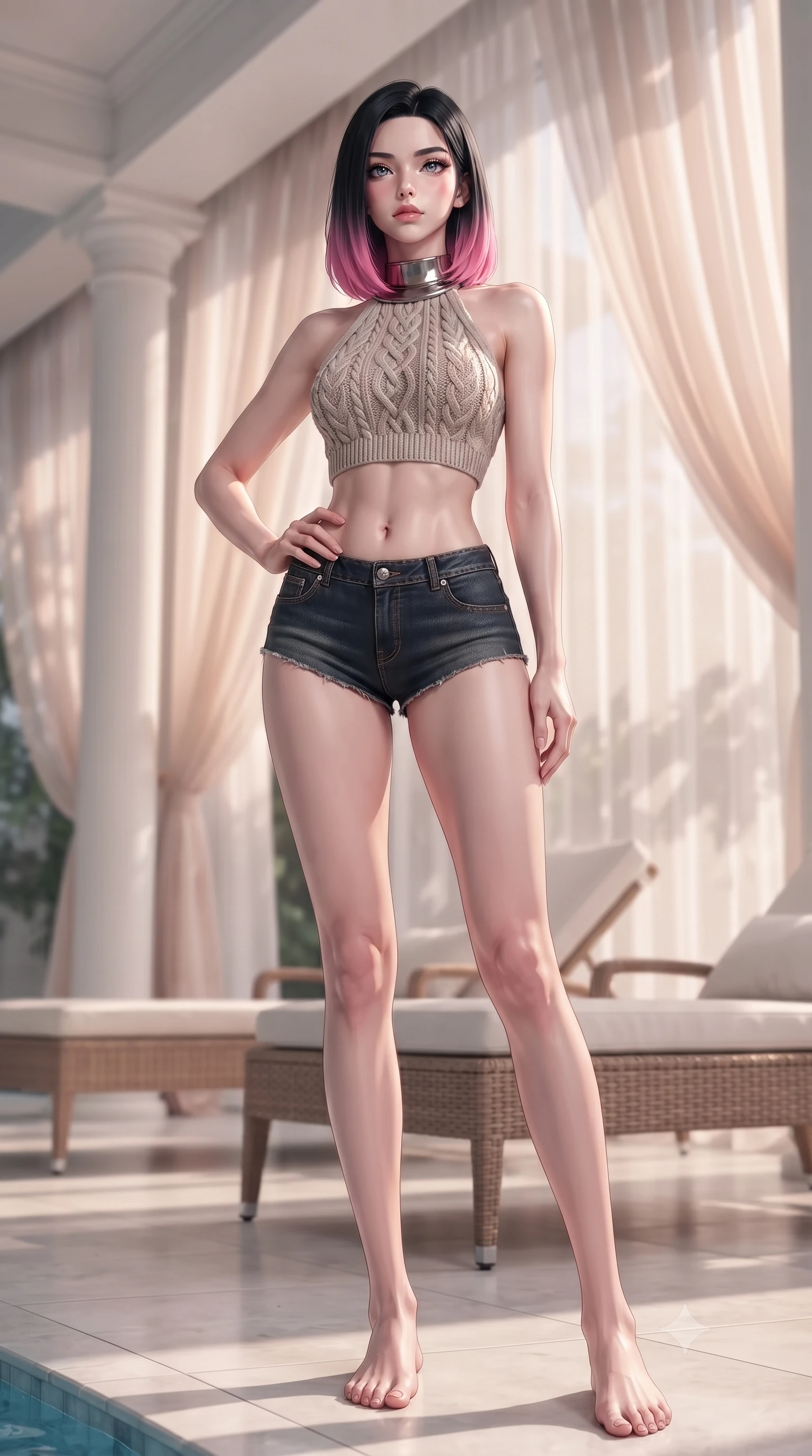 score_9, masterpiece, best quality, ultra-detailed, high-budget anime keyframe, editorial fashion photography, tasteful artistic composition, Korean woman woman. low angle full-body shot from head to toe showing her feet, filling the entire 9:16 vertical frame with her statuesque presence, stretching her vertical silhouette. posing confidently with one hand on her hip, stretching her statuesque body to emphasize her curves the background shows a soft-focus an indoor pool house with white columns, rattan lounge chairs, and sheer silk drapes. She has an absolutely perfect, statuesque 8.5-heads proportion, an exceptionally tall and slender model-like female figure with impossibly long slender legs and an ultra-slim waist. sharp v-shaped jawline, high-bridge nose, intricate jewel-like eyes with depth, thick eyelashes, glossy lips with a natural sheen. wearing a body-hugging chic knit halter crop top paired with denim micro-shorts, showing her delicately sculpted midriff. soft afternoon daylight filtered through drapes, creating a serene, dreamy mood. ultra-reflective glossy finish, specular highlights, metallic sheen, high-contrast stereoscopic depth, volumetric dynamic lighting, 2k, ultra detail, master piece, 9:16 ratio