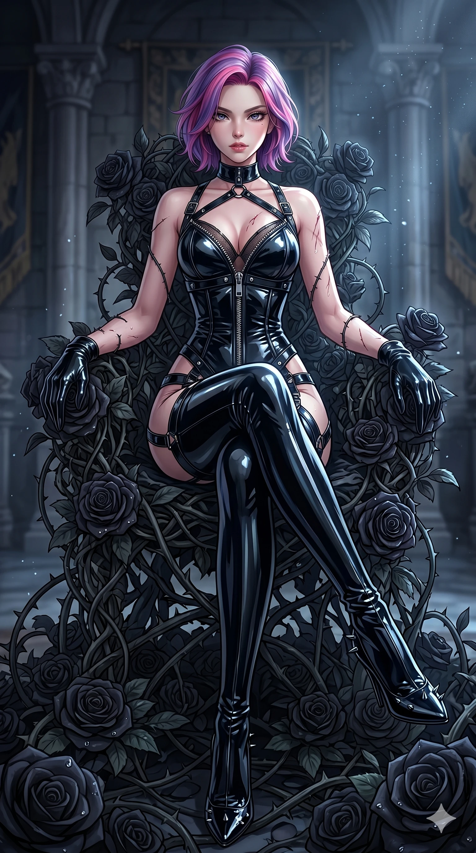 score_9, masterpiece, best quality, ultra-detailed, High-budget Anime Keyframe, East Asian woman. Dynamic full-body shot stretching the vertical silhouette to the limit. Scenario 230: Resting on a throne of black roses, thorns grazing her skin. Her presence is magnetic and overpowering in this high-budget anime scene. Outfit 230: A patent leather garter with a unzipped detail and tight-fitting silhouette. The clothing is designed to emphasize her exceptionally tall and slender 8-heads proportion. 8-heads proportion, towering silhouette, ultra-slim waist. sharp v-shaped jawline, intricate jewel-like eyes with depth, thick eyelashes, glossy lips. 2k, ultra detail, master piece, 9:16 ratio