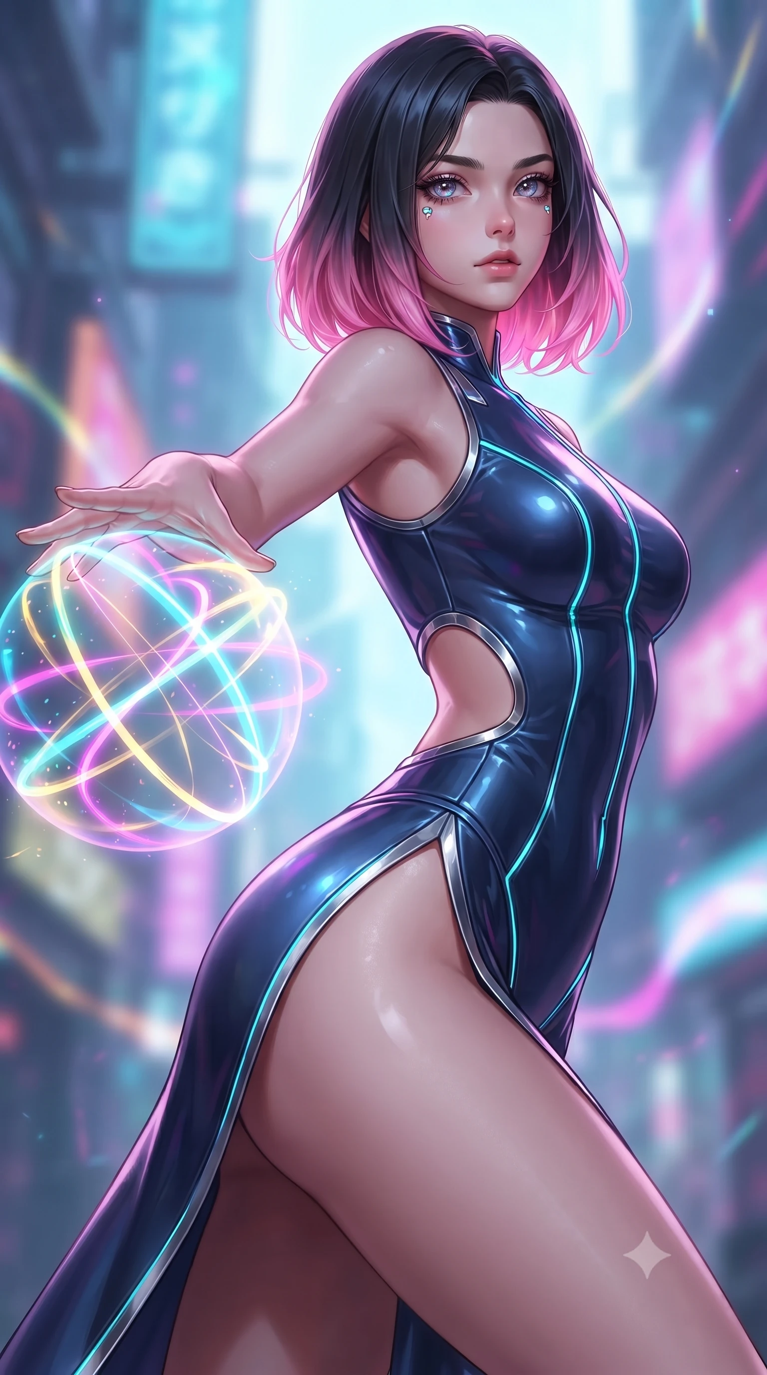 score_9, masterpiece, best quality, ultra-detailed, high-budget anime keyframe, editorial fashion photography, tasteful artistic composition, Korean woman. close-up cowboy shot from the waist and thighs up, the character dominates the composition, filling the frame with her large presence, background elements kept in soft focus. Gazing past the lens with composed intensity as her torso curves dynamically in mid-motion while reaching forward with an arm stretch to touch a pulsating pastel light sphere, fluorescent cyan, magenta, and gold plasma ribbons crossing in 3D space. She has an exceptionally elegant, slender, and willowy female figure with an ultra-slim waist, a gracefully sculpted slender torso, and a refined silhouette. sharp v-shaped jawline, high-bridge nose, intricate jewel-like eyes with depth, thick eyelashes, glossy lips with a natural sheen, flawlessly proportioned anatomical accuracy, natural body alignment, perfectly sculpted elegant limbs, clean dynamic posture without body distortion. wearing a skin-tight cybernetic bodysuit with glowing neon seams and side cutouts in midnight navy blue and chrome trim, formed from sleek second-skin neoprene, finished with a sleek side slit ascending to mid-thigh, the sleek second-skin texture accentuating her magnetic presence. surrounded by a vibrant fluorescent aura with bright specular rim lights. ultra-reflective glossy finish, specular highlights, metallic sheen, high-contrast stereoscopic depth, volumetric dynamic lighting, 2k, ultra detail, master piece, 9:16 ratio