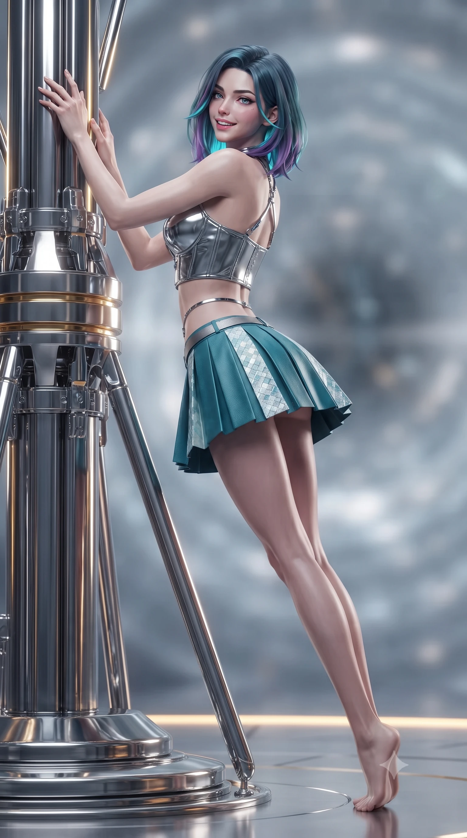 score_9, masterpiece, best quality, ultra-detailed, high-budget anime keyframe, editorial fashion photography, tasteful artistic composition, Caucasian woman. low angle full-body shot from head to toe showing her feet, filling the entire 9:16 vertical frame with her statuesque presence, stretching her vertical silhouette. executing a slow, graceful pivot turn as her skirt sways around her slender legs, glancing back with an enchanting, teasing sensual expression while leaning against the superconducting stabilizer pylon with hips cocked back, watching relativistic gravitational lensing bend space and light with heavy-lidded bedroom-eyes. The background shows a soft-focus gravitational distortion shimmer softened in quantum singularity chamber shallow focus. She has an exceptionally tall and slender model-like 8.5-heads proportion, an ultra-slim waist, a flat toned midriff, narrow delicate ribcage, and beautifully sculpted feminine hips creating a graceful, slim hourglass silhouette without any bulky heaviness, with impossibly long slender legs. sharp v-shaped jawline, high-bridge nose, intricate jewel-like sparkling eyes with depth, thick eyelashes, glossy parted lips with a natural peach sheen, bright cheerful beaming smile with an enchanting and coquettish sensual glint, exuding both youthful cute charm and seductive allure, flawlessly proportioned anatomical accuracy, strict slender model proportions, natural body alignment, perfectly sculpted long slender limbs, ultra-slim waistline, clean dynamic posture without body distortion. wearing a chrome-plated tactical combat bustier top with reinforced underwire paired with a low-rise pleated micro combat skirt in Europa abyssal turquoise and ice-shelf diamond, woven from buttery-soft stretch lambskin leather adhering to her body like a second skin, accented with a chrome-drop body harness subtly framing her dewy collarbones and spine, the form-contouring silhouette accentuating her sculpted flat midriff, narrow delicate ribcage, and gracefully curvy hips with intoxicating allure. illuminated by titanium bridge reflection bounce and sharp relativistic gold rim lights sculpting her razor-sharp jawline, narrow waist, and curvy hips. ultra-reflective glossy finish, specular highlights, rich textural contrasts, high-contrast stereoscopic depth, volumetric dynamic lighting, 2k, ultra detail, master piece, 9:16 ratio