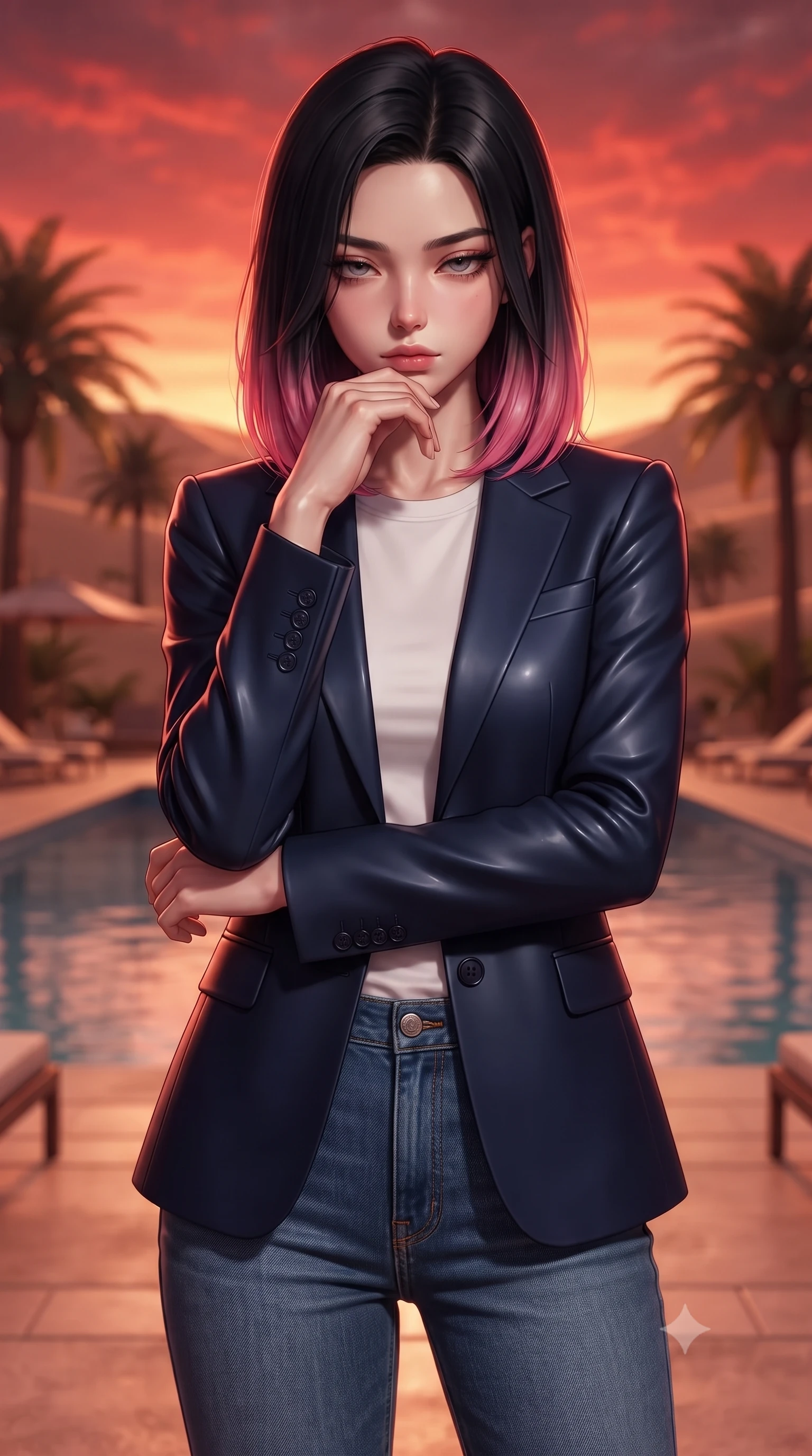 score_9, masterpiece, best quality, ultra-detailed, high-budget anime keyframe, editorial fashion photography, tasteful artistic composition, Korean woman woman. close-up cowboy shot from the waist and thighs up, the character dominates the composition, filling the frame with her large presence, background elements kept in soft focus. resting her chin on the backs of her fingers, casting a heavy-lidded, sultry look past the camera the background shows a soft-focus a pool deck of a resort in a desert oasis, surrounded by palm trees and sand dunes. She has an exceptionally elegant, slender, and willowy female figure with an ultra-slim waist, a gracefully sculpted slender torso, and a refined silhouette. sharp v-shaped jawline, high-bridge nose, intricate jewel-like eyes with depth, thick eyelashes, glossy lips with a natural sheen. wearing a form-contouring classic navy blue blazer over a white crewneck shirt and straight-leg blue jeans. the warm red and orange sunset sky casting a dramatic glow over the sands. ultra-reflective glossy finish, specular highlights, metallic sheen, high-contrast stereoscopic depth, volumetric dynamic lighting, 2k, ultra detail, master piece, 9:16 ratio