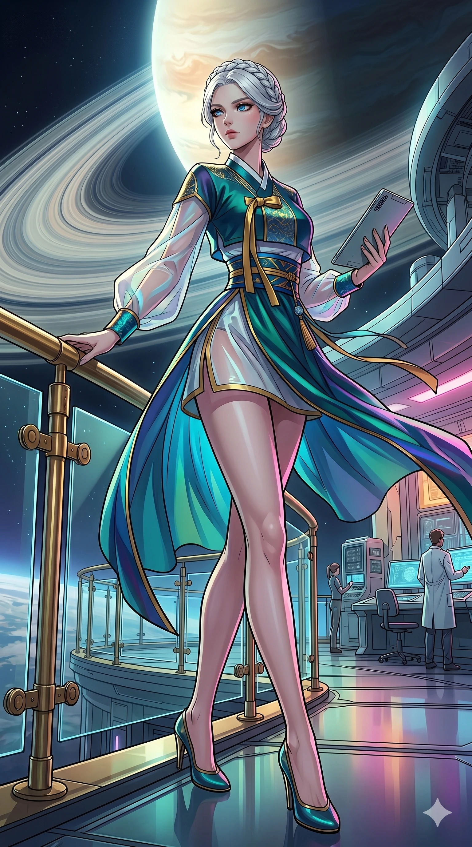 score_9, masterpiece, best quality, ultra-detailed, high-budget anime movie keyframe, cinematic anime lighting, intricate line art, Caucasian (strictly human ears) woman. Low angle cowboy shot capturing a powerful motion and statuesque presence. surveying a planetary ring from a research station balcony. She has an absolutely perfect 8-heads proportion, an exceptionally tall and slender female figure with an ultra-slim waist and impossibly long slender legs. strictly human anatomy, two legs only, no extra limbs, clearly defined legs and arms, perfect anatomy, perfect hands and fingers. sharp v-shaped jawline, high-bridge nose, intricate jewel-like eyes, thick eyelashes, glossy lips. Wearing Modern Traditional: Shortened cyber-hanbok with fusion silk robes and transparent panels. The scene is illuminated by dramatic atmospheric lighting and vibrant color palettes. , 2k, ultra detail, master piece, 9:16 ratio