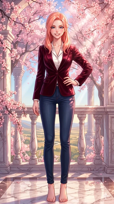 score_9, masterpiece, best quality, ultra-detailed, high-budget anime keyframe, vibrant anime aesthetic, Japanese woman. low angle full-body shot from head to toe showing her feet, filling the entire 9:16 vertical frame with her statuesque presence, 