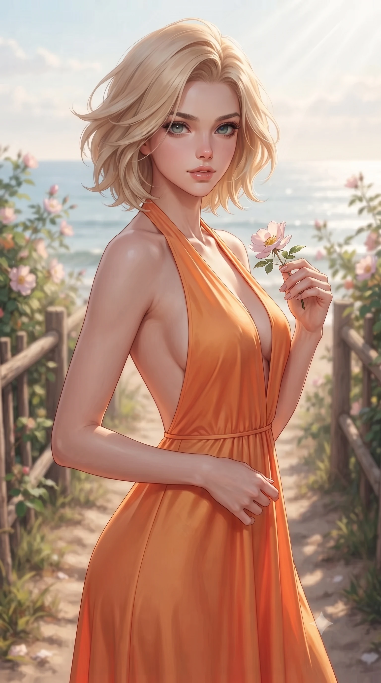 score_9, masterpiece, best quality, ultra-detailed, high-budget anime keyframe, editorial fashion photography, tasteful artistic composition, Caucasian woman woman. close-up cowboy shot from the waist and thighs up, the character dominates the composition, filling the frame with her large presence, background elements kept in soft focus. gazing directly at the viewer with a calm and welcoming expression, holding a fresh flower the background shows a soft-focus a simple sandy path bordered by rustic wooden fences and wild rose bushes leading to the sea. She has an exceptionally elegant, slender, and willowy female figure with an ultra-slim waist, a gracefully sculpted slender torso, and a refined silhouette. sharp v-shaped jawline, high-bridge nose, intricate jewel-like eyes with depth, thick eyelashes, glossy lips with a natural sheen. wearing a tailored lightweight resort maxi dress in sunset orange with a plunging halter neck and low-cut open back. soft morning sunrays creating a fresh and serene atmosphere. ultra-reflective glossy finish, specular highlights, metallic sheen, high-contrast stereoscopic depth, volumetric dynamic lighting, 2k, ultra detail, master piece, 9:16 ratio