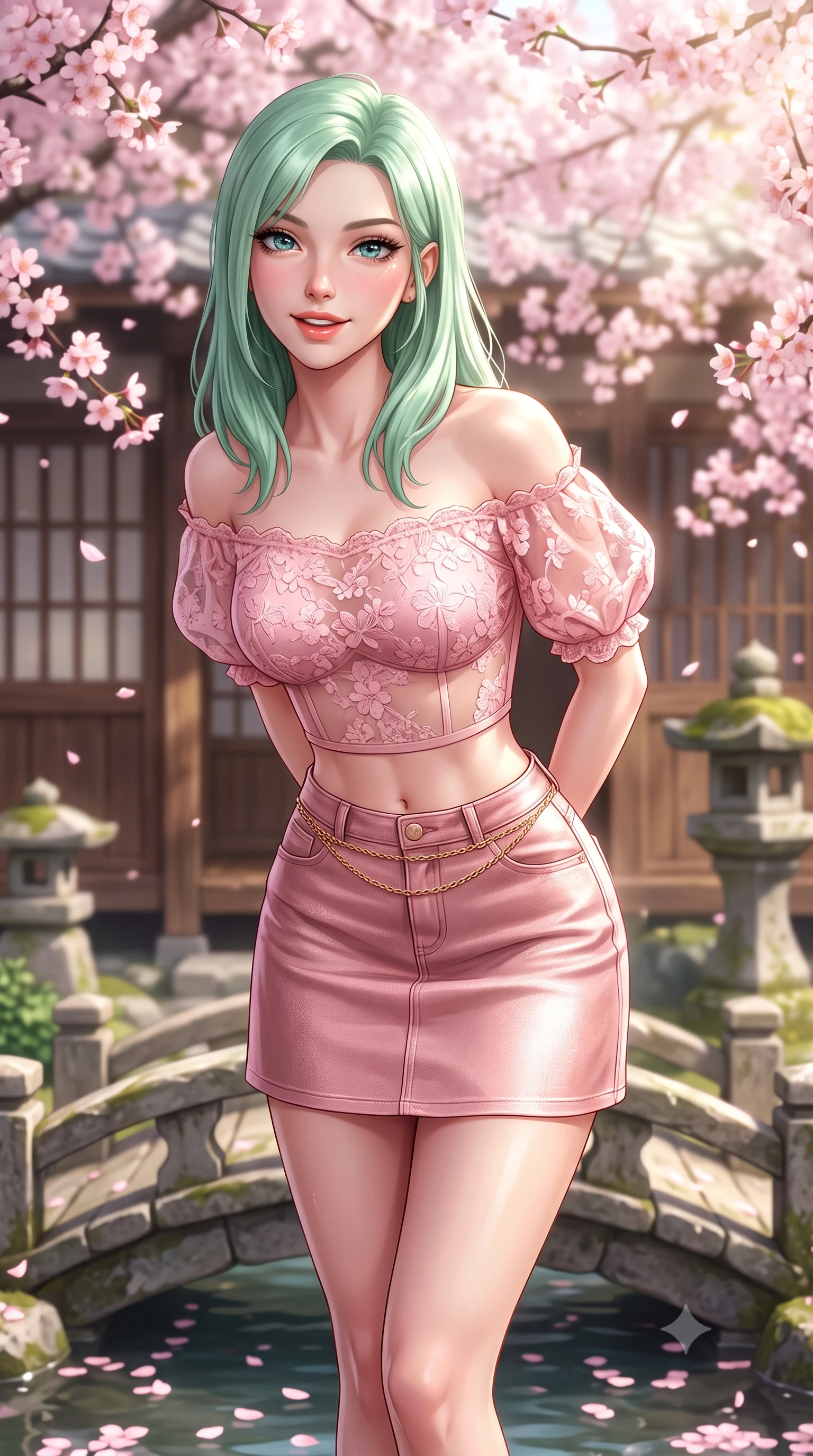 score_9, masterpiece, best quality, ultra-detailed, high-budget anime keyframe, semi-realistic 3D game render, editorial fashion photography, tasteful artistic composition, Japanese woman. close-up cowboy shot from the waist and thighs up, the character dominates the composition, filling the frame with her large presence. resting both hands lightly behind her back while leaning toward the lens with a cheerful, teasing grin, her form-fitting outfit hugging her narrow waist and feminine hip curve while standing poised on a small arched stone footbridge, twisting her slender torso in an alluring contrapposto stance as pink petals drift on water. The composition keeps background elements in soft focus with dreamy creamy bokeh. traditional wooden teahouse walls and stone moss lanterns softened in tranquil Kyoto shallow focus. She has an exceptionally elegant, slender, and willowy female figure with an ultra-slim waist, flat toned midriff, narrow ribcage, and sculpted feminine hips creating an alluring, slim hourglass silhouette without bulk. sharp v-shaped jawline, high-bridge nose, intricate jewel-like sparkling eyes with depth, thick eyelashes, glossy parted lips with a natural peach sheen, bright cheerful beaming smile with an enchanting and coquettish sensual glint, exuding both youthful cute charm and seductive allure, flawlessly proportioned anatomical accuracy, strict slender model proportions, natural body alignment, perfectly sculpted long slender limbs, ultra-slim waistline, clean dynamic posture without body distortion. wearing an off-shoulder puff-sleeve crop blouse with a tight high-waisted denim A-line mini skirt emphasizing her curvy hips in cherry blossom pink and soft rose gold, made of sheer contouring stretch lace with delicate floral patterns, accented with a delicate gold chain belt resting loosely on her curvy hips, the high-waisted tailoring accentuating her ultra-slim waistline and the enchanting curve of her feminine hips with alluring charm. bathed in bright morning spring sunlight scattering through blooming flower canopies. highly saturated vibrant anime colors, detailed shading with soft gradients, rich glossy textures, high-contrast stereoscopic depth, volumetric dynamic lighting, master piece, 9:16 ratio