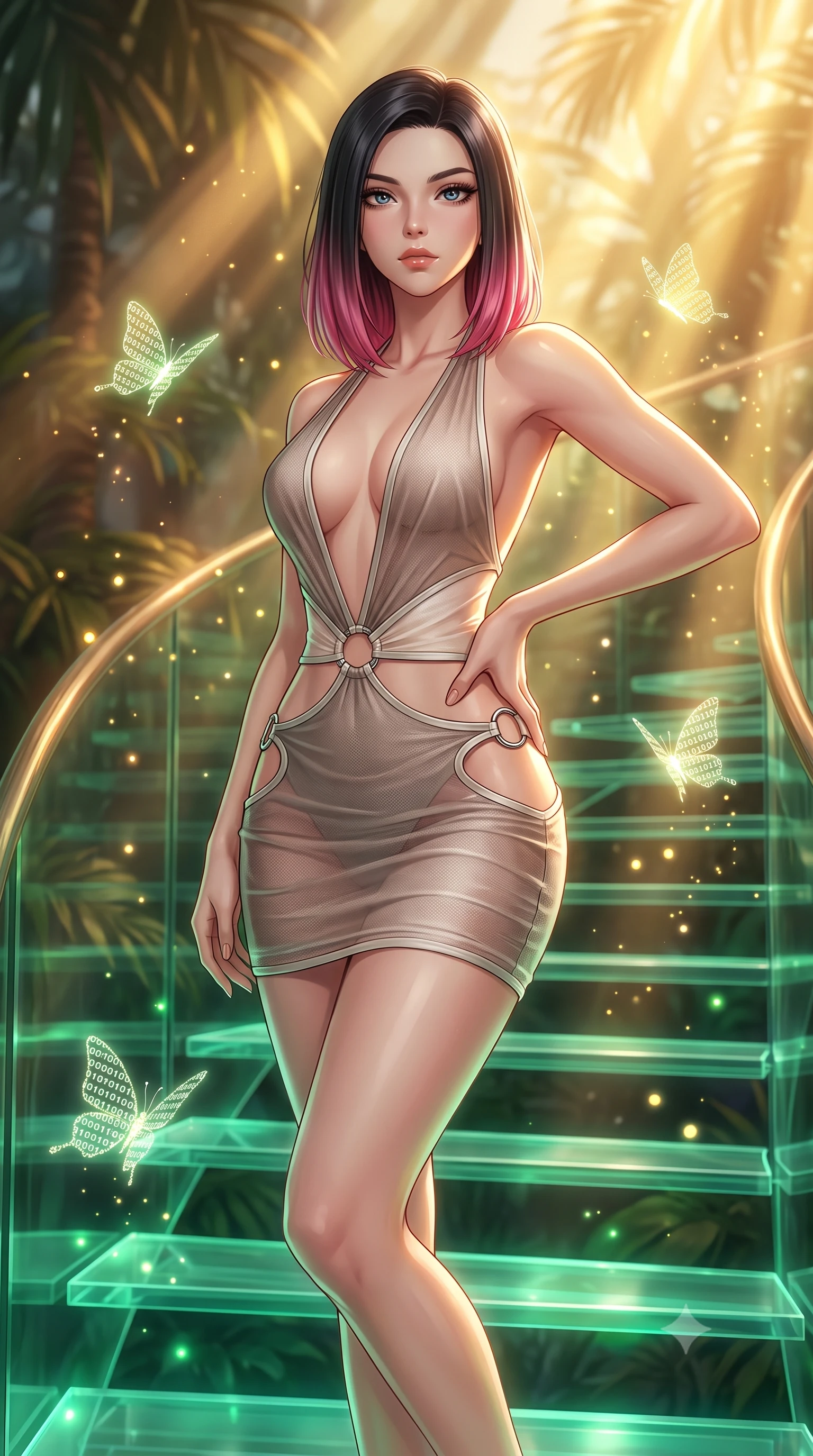 score_9, masterpiece, best quality, ultra-detailed, high-budget anime keyframe, editorial fashion photography, tasteful artistic composition, Korean woman. close-up cowboy shot from the waist and thighs up, the character dominates the composition, filling the frame with her large presence, background elements kept in soft focus. Holding a powerful dynamic pose with one hand on her hip and body angled dramatically toward the key light while stepping along a vertical glass staircase enveloped by tropical volumetric sunbeams, glowing pollen particles and binary code butterflies drifting around her form. She has an exceptionally elegant, slender, and willowy female figure with an ultra-slim waist, a gracefully sculpted slender torso, and a refined silhouette. sharp v-shaped jawline, high-bridge nose, intricate jewel-like eyes with depth, thick eyelashes, glossy lips with a natural sheen, flawlessly proportioned anatomical accuracy, natural body alignment, perfectly sculpted elegant limbs, clean dynamic posture without body distortion. wearing a deep-scoop halter bodycon dress with hip cutouts connected by silver rings in muted taupe and soft ivory, woven from fine semi-opaque sheer organza, accented with delicate chrome ring hardware framing her waist, the form-contouring material highlighting her ultra-slim waist and long lines. bathed in warm golden sunlight and soft emerald bioluminescent glow. highly saturated vibrant anime colors, detailed shading with soft gradients, rich glossy textures, high-contrast stereoscopic depth, volumetric dynamic lighting, master piece, 9:16 ratio