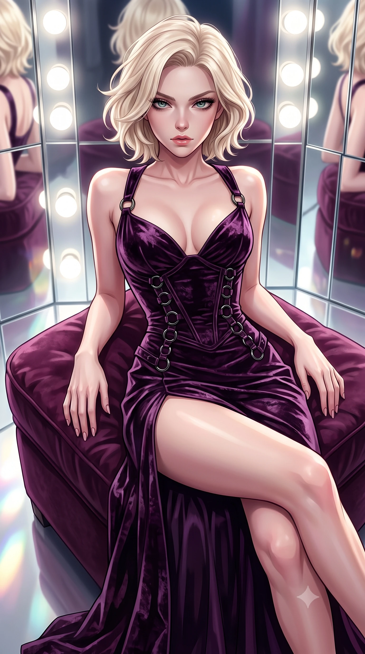 score_9, masterpiece, best quality, ultra-detailed, high-budget anime keyframe, editorial fashion photography, tasteful artistic composition, Caucasian woman. close-up cowboy shot from the waist and thighs up, the character dominates the composition, filling the frame with her large presence, background elements kept in soft focus. Casting a slow, direct gaze beneath heavy lashes with quiet intensity, lounging on a velvet ottoman surrounded by high-contrast mirror reflection panels, sculpted jawline and glossy lips accentuated by multi-directional key lights. She has an exceptionally elegant, slender, and willowy female figure with an ultra-slim waist, a gracefully sculpted slender torso, and a refined silhouette. sharp v-shaped jawline, high-bridge nose, intricate jewel-like eyes with depth, thick eyelashes, glossy lips with a natural sheen. wearing low-cut gothic structured bodice gown with high leg slit in dark plum violet, made of crushed dark silk velvet, trimmed with dark chrome ring hardware along the waist contours, following her slender form with tailored precision. illuminated by bright daylight vanity bulbs and multi-directional studio key rays. highly saturated vibrant anime colors, detailed shading with soft gradients, rich glossy textures, high-contrast stereoscopic depth, volumetric dynamic lighting, master piece, 9:16 ratio