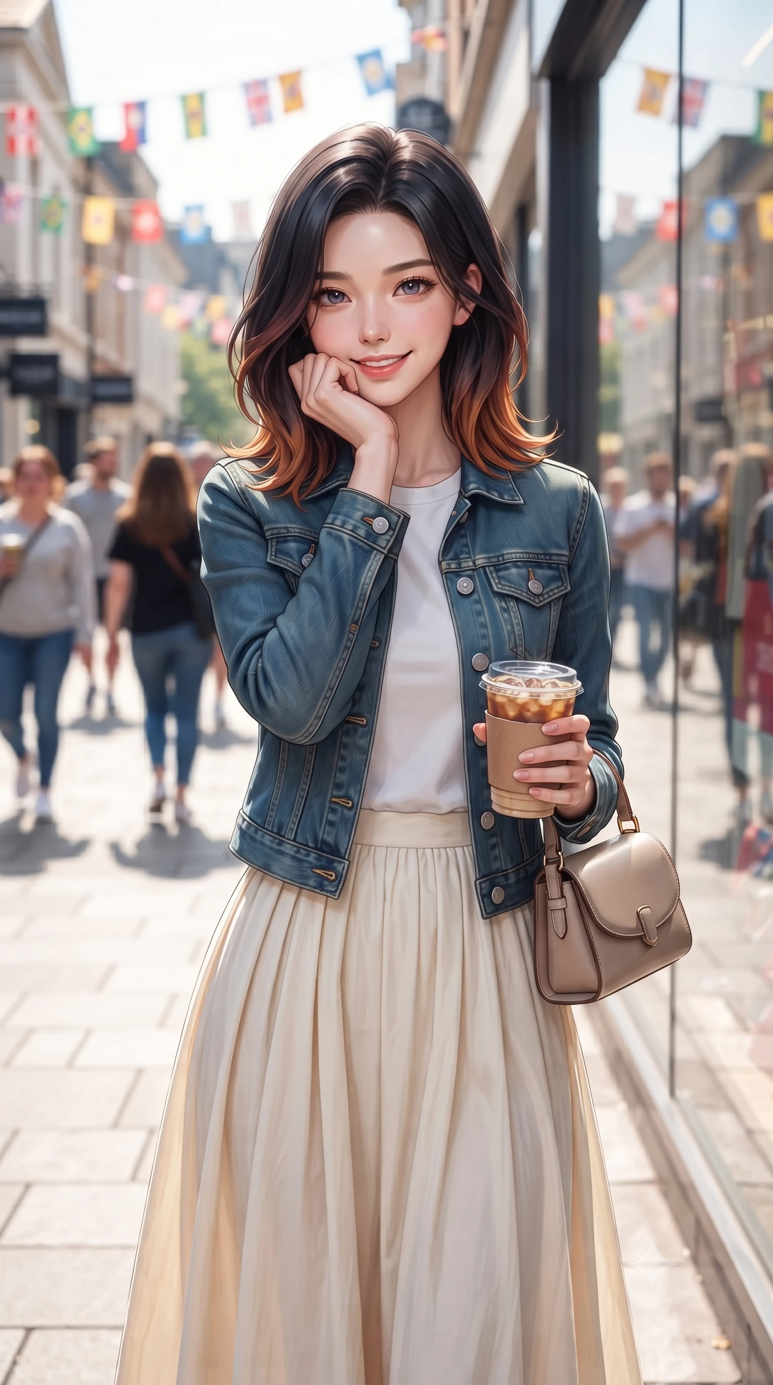 score_9, masterpiece, best quality, ultra-detailed, high-budget anime keyframe, editorial fashion photography, tasteful artistic composition, Korean woman. close-up cowboy shot from the waist and thighs up, the character dominates the composition, filling the frame with her large presence, background elements kept in soft focus. smiling cutely while resting her chin on her hand, looking directly into the lens set against a soft-focus background of walking down a pedestrian shopping boulevard with colorful flags overhead holding a trendy paper cup of iced coffee and a small leather purse. She has an exceptionally elegant, slender, and willowy female figure with an ultra-slim waist, a gracefully sculpted slender torso, and a refined silhouette. sharp v-shaped jawline, high-bridge nose, intricate jewel-like eyes with depth, thick eyelashes, glossy lips with a natural sheen. wearing body-hugging casual denim jacket worn over a simple white tee and a long cotton skirt. bright afternoon sunbeams creating sharp reflections on the glass shop windows. ultra-reflective glossy finish, specular highlights, metallic sheen, high-contrast stereoscopic depth, volumetric dynamic lighting, 2k, ultra detail, master piece, 9:16 ratio