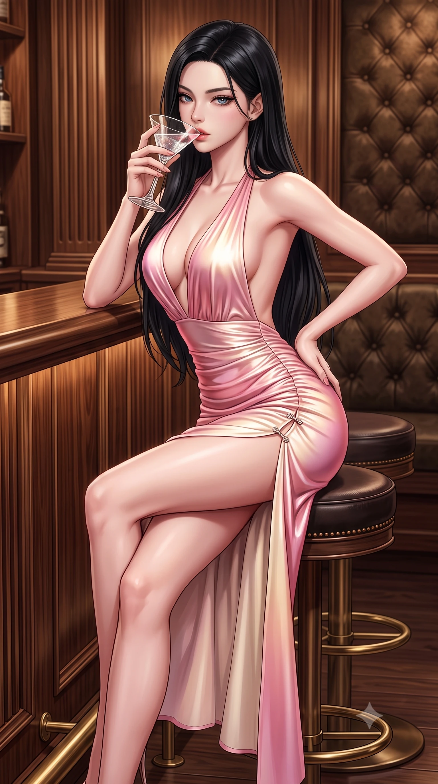 score_9, masterpiece, best quality, ultra-detailed, high-budget anime keyframe, semi-realistic 3D game render, editorial fashion photography, tasteful artistic composition, Korean woman. close-up cowboy shot from the waist and thighs up, the character dominates the composition, filling the frame with her large presence. leaning forward against the polished railing with her hips cocked back, creating an intoxicating curve from her narrow waist to sculpted hips as she gazes back into the lens while sitting high on a dark leather circular barstool with legs crossed, arching her lower back while holding a crystal cocktail glass to her parted lips. The surrounding environment is rendered in vivid detail and crisp panoramic clarity. sharp fluted walnut wood paneling, polished brass footrests, and tufted velvet upholstery in deep focus. She has an exceptionally elegant, slender, and willowy female figure with an ultra-slim waist, flat toned midriff, narrow ribcage, and sculpted feminine hips creating an alluring, slim hourglass silhouette without bulk. sharp v-shaped jawline, high-bridge nose, intricate jewel-like eyes with depth, thick eyelashes, glossy parted lips with a natural sheen, intensely captivating and seductive bedroom-eyes expression, flawlessly proportioned anatomical accuracy, strict slender model proportions, natural body alignment, perfectly sculpted long slender limbs, ultra-slim waistline, clean dynamic posture without body distortion. wearing a plunging halter-neck metallic lamé column dress with a dramatic bare spine and hip-defining ruching in sakura blossom pink and warm ivory, tailored from ultra-smooth duchess satin with a pearlescent sheen, finished with an ultra-high side slit secured by miniature jeweled clasps, the form-contouring material adhering flawlessly to her sculpted flat midriff and slender torso, emphasizing her long leg lines and perfectly proportioned willowy build. surrounded by a sultry, scandalous, and irresistibly intoxicating jazz-age siren aura. highly saturated vibrant anime colors, detailed shading with soft gradients, rich glossy textures, high-contrast stereoscopic depth, volumetric dynamic lighting, master piece, 9:16 ratio