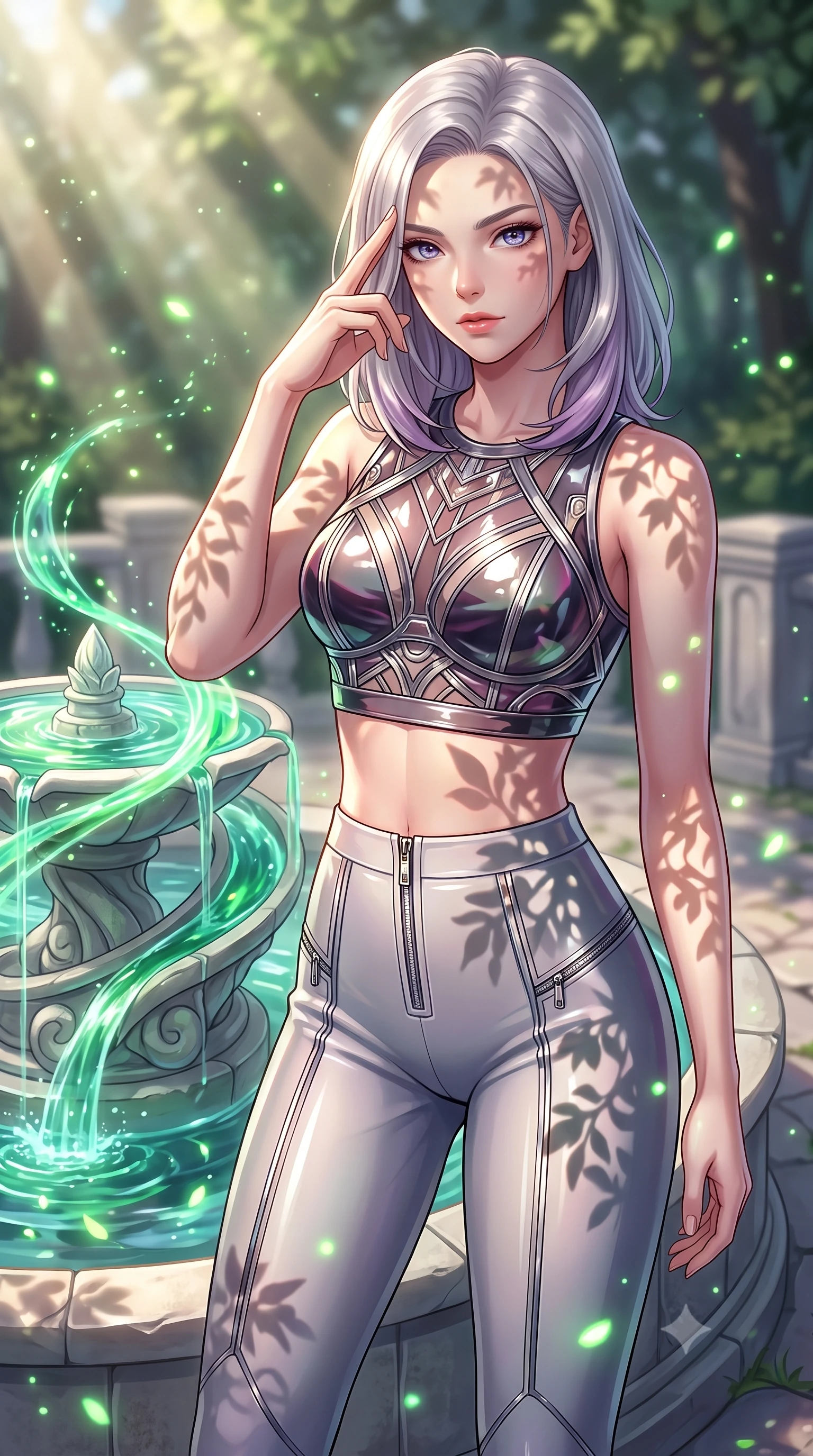 score_9, masterpiece, best quality, ultra-detailed, high-budget anime keyframe, editorial fashion photography, tasteful artistic composition, Caucasian woman. close-up cowboy shot from the waist and thighs up, the character dominates the composition, filling the frame with her large presence, background elements kept in soft focus. Pressing two fingers to her temple in a composed thoughtful gesture with an air of magnetic charisma standing by a hydro-flow spiral fountain flowing with bioluminescent emerald sap, glowing pollen particles drifting gracefully around her form. She has an exceptionally elegant, slender, and willowy female figure with an ultra-slim waist, a gracefully sculpted slender torso, and a refined silhouette. sharp v-shaped jawline, high-bridge nose, intricate jewel-like eyes with depth, thick eyelashes, glossy lips with a natural sheen. wearing a glossy vinyl crop top and high-waist tailored leggings with sleek metallic zippers, the glove-like fit emphasizing her statuesque silhouette. illuminated by brilliant sunbeams casting organic leaf stencil shadows. highly saturated vibrant anime colors, detailed shading with soft gradients, rich glossy textures, high-contrast stereoscopic depth, volumetric dynamic lighting, master piece, 9:16 ratio