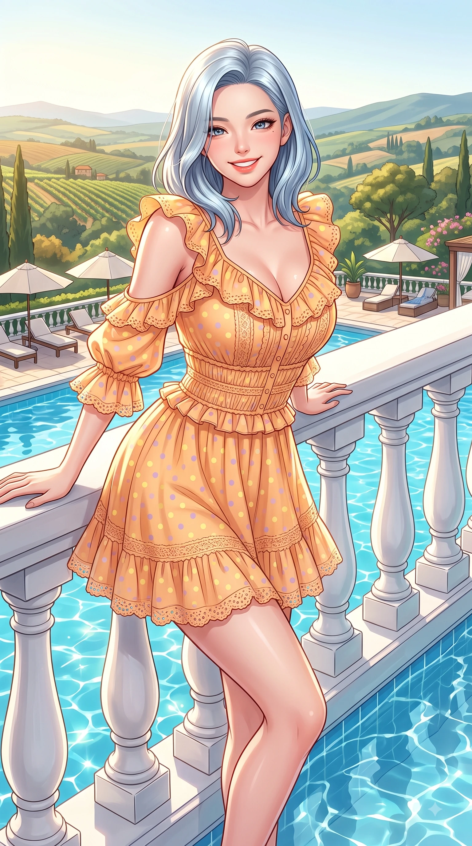 score_9, masterpiece, best quality, ultra-detailed, high-budget anime keyframe, editorial fashion photography, tasteful artistic composition, Korean woman. close-up cowboy shot from the waist and thighs up, the character dominates the composition, filling the frame with her large presence. Cheerful beaming smile with sparkling eyes and a fresh girlhood aura, leaning forward with playful grace while leaning elegantly against a white poolside balustrade as golden afternoon sunbeams highlight her figure. The surrounding environment is rendered in vivid detail and crisp panoramic clarity. scenic hill panoramas and poolside umbrella lounges rendered with rich environmental clarity. She has an exceptionally elegant, slender, and willowy female figure with an ultra-slim waist, a gracefully sculpted slender torso, and a refined silhouette. sharp v-shaped jawline, high-bridge nose, intricate jewel-like eyes with depth, thick eyelashes, glossy lips with a natural sheen, flawlessly proportioned anatomical accuracy, natural body alignment, perfectly sculpted elegant limbs, clean dynamic posture without body distortion. wearing a bright apricot ruffled sundress with a subtle polka-dot pattern in soft lemon yellow and lavender violet, woven with delicate eyelet lace and soft cotton, accented with soft smocked details and fluttery cuffs, the chic real-way fashion cut emphasizing her effortless charm. bathed in bright tropical sunshine and glittering pool water refractions. highly saturated vibrant anime colors, detailed shading with soft gradients, rich glossy textures, high-contrast stereoscopic depth, volumetric dynamic lighting, master piece, 9:16 ratio