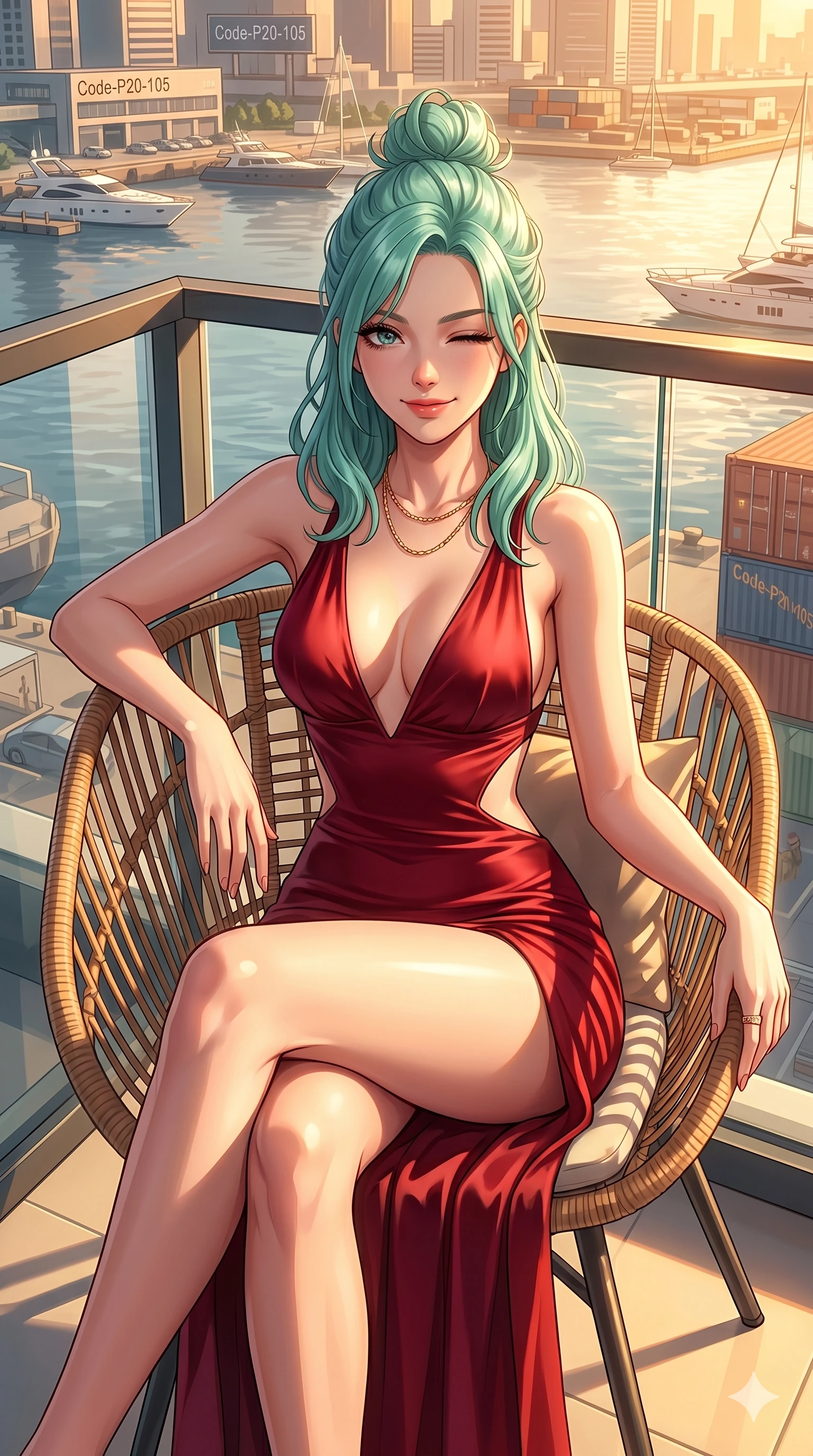 score_9, masterpiece, best quality, ultra-detailed, high-budget anime keyframe, vibrant anime aesthetic, Japanese woman. cowboy shot from the thighs up, character and outfit filling the frame for maximum presence. She is sitting in a sunlit chair, winking with a cheerful and sensual half-smile on a glass-walled balcony showing a sunny harbor (Code-P20-105). She has an absolutely perfect 8-heads proportion, an exceptionally tall and slender female figure with impossibly long slender legs and an ultra-slim waist. V-shaped jawline, high-bridge nose, intricate jewel-like eyes with depth, thick eyelashes, glossy lips with a natural sheen. wearing a plunging neckline dress with side cutouts in satin. She is bathed in warm golden hour sunset light, casting long shadows across her form. 2k, ultra detail, master piece, 9:16 ratio