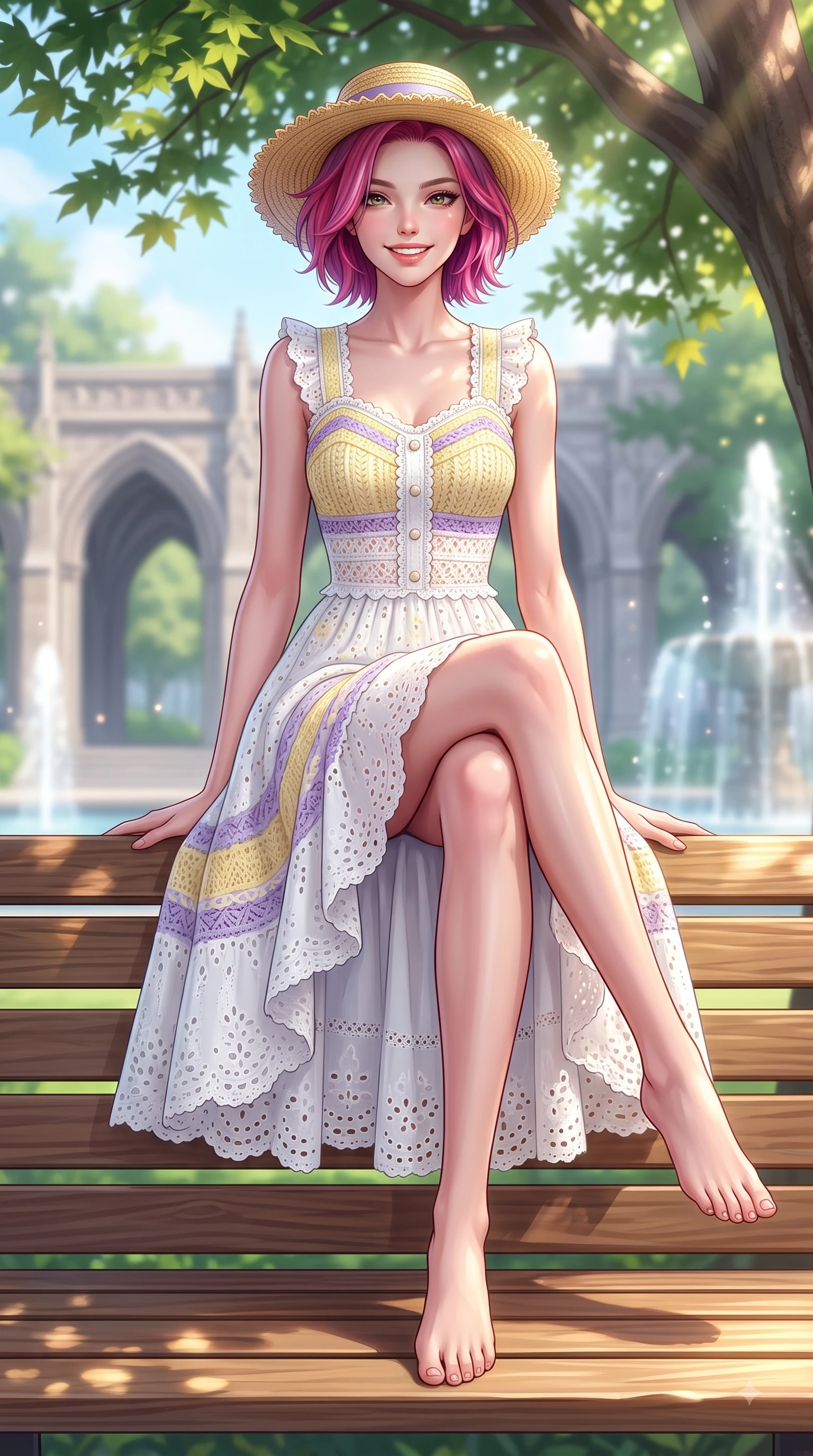 score_9, masterpiece, best quality, ultra-detailed, high-budget anime keyframe, editorial fashion photography, tasteful artistic composition, Caucasian woman. low angle full-body shot from head to toe showing her feet, filling the entire 9:16 vertical frame with her statuesque presence, stretching her vertical silhouette. leaping with pure youthful energy through the scene with a radiant bright smile, her long slender legs balanced gracefully while sitting on a sunlit wooden bench under a shady maple tree on a bright morning campus. The composition keeps background elements in soft focus with dreamy bokeh. gothic campus arches and sparkling fountain waters softened in a gentle background haze. She has an absolutely perfect, statuesque 8.5-heads proportion, an exceptionally tall and slender model-like female figure with impossibly long slender legs and an ultra-slim waist. sharp v-shaped jawline, high-bridge nose, intricate jewel-like eyes with depth, thick eyelashes, glossy lips with a natural sheen, flawlessly proportioned anatomical accuracy, natural body alignment, perfectly sculpted elegant limbs, clean dynamic posture without body distortion. wearing an airy white eyelet lace sundress with a woven straw hat motif in soft lemon yellow and lavender violet, knitted from soft cozy cashmere yarn, finished with subtle ruffle trims and delicate pearl buttons, the breezy lightweight fabric fluttering softly against her delicate frame. surrounded by an uplifting, fresh, and youthful academic atmosphere. highly saturated vibrant anime colors, detailed shading with soft gradients, rich glossy textures, high-contrast stereoscopic depth, volumetric dynamic lighting, master piece, 9:16 ratio