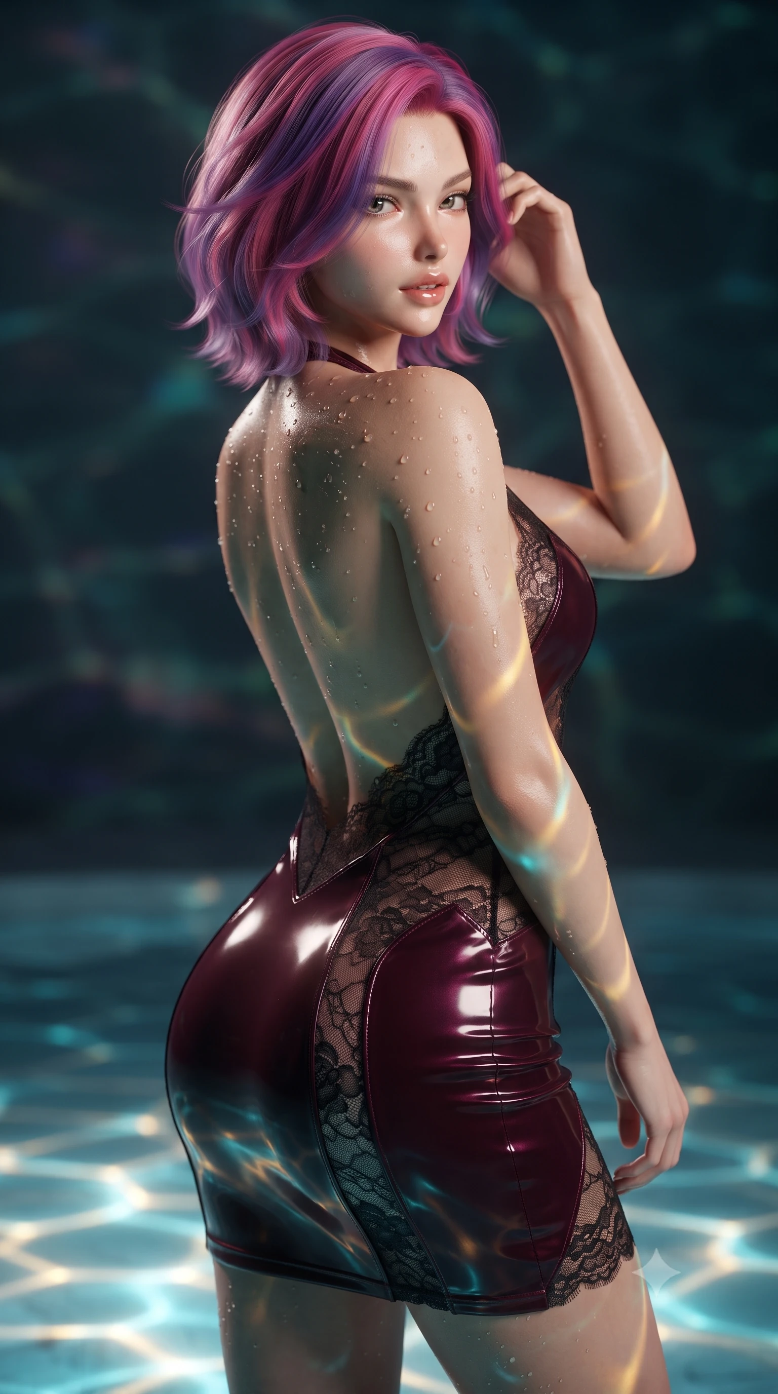 score_9, masterpiece, best quality, ultra-detailed, high-budget anime keyframe, editorial fashion photography, tasteful artistic composition, Caucasian woman. close-up cowboy shot from the waist and thighs up, the character dominates the composition, filling the frame with her large presence. posing in an alluring rear three-quarter angle, looking over a bare shoulder with parted glossy lips, her hips cocked back to highlight her slim hourglass curve while twisting her slender torso in an alluring S-curve, underwater digital screen projections painting shifting golden scales across her curves. The background shows a soft-focus digital water ripple effects softened in avant-garde sci-fi shallow focus. She has an exceptionally elegant, slender, and willowy female figure with an ultra-slim waist, flat toned midriff, narrow ribcage, and sculpted feminine hips creating an alluring, slim hourglass silhouette without bulk. sharp v-shaped jawline, high-bridge nose, sparkling eyes with hypnotic seductive depth, thick curled eyelashes, glossy parted lips with a natural dewy peach sheen, alluring bedroom-eyes with an enchanting coquettish smile, exuding magnetic siren charisma and sophisticated glamour, flawlessly proportioned anatomical accuracy, strict slender model proportions, natural body alignment, perfectly sculpted long slender limbs, ultra-slim waistline, clean dynamic posture without body distortion. wearing a slinky backless halterneck column mini dress in shimmering liquid vinyl clinging like a second skin in deep bordeaux velvet and delicate black chantilly, crafted from fluid liquid silk satin that clings smoothly to every curve with a dewy sheen, finished with glistening drops of pool water beading across her sculpted shoulders and collarbones, the precision-cut side openings and low-back scoop framing her graceful spine and the sensual sweep of her slim, toned hips. bathed in brilliant golden and cyan light radiating upward from the submerged high-resolution digital pool floor. ultra-reflective glossy finish, specular highlights, rich textural contrasts, high-contrast stereoscopic depth, volumetric dynamic lighting, 2k, ultra detail, master piece, 9:16 ratio