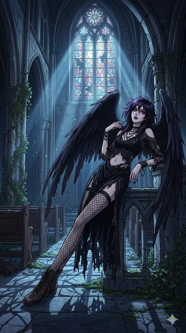 score_9, masterpiece, best quality, ultra-detailed, high-budget anime keyframe, an incredibly beautiful Caucasian woman (strictly human ears). Full-body shot stretching the vertical silhouette, dominating the 9:16 frame. She is a fallen angel resting in an abandoned cathedral. She has an absolutely perfect 8-heads proportion, an exceptionally tall and slender female figure with impossibly long slender legs and an ultra-slim waist. Her face is a flawless masterpiece with a sharp v-shaped jawline, high-bridge nose, expressive jewel-like eyes, thick eyelashes, and perfectly glossy lips. She is wearing a ragged black lace dress with sensual fishnet stockings and an exposed midriff. A ruined gothic cathedral with moonlight piercing through stained glass, dramatic shadows., 2k, ultra detail, master piece, 9:16 ratio