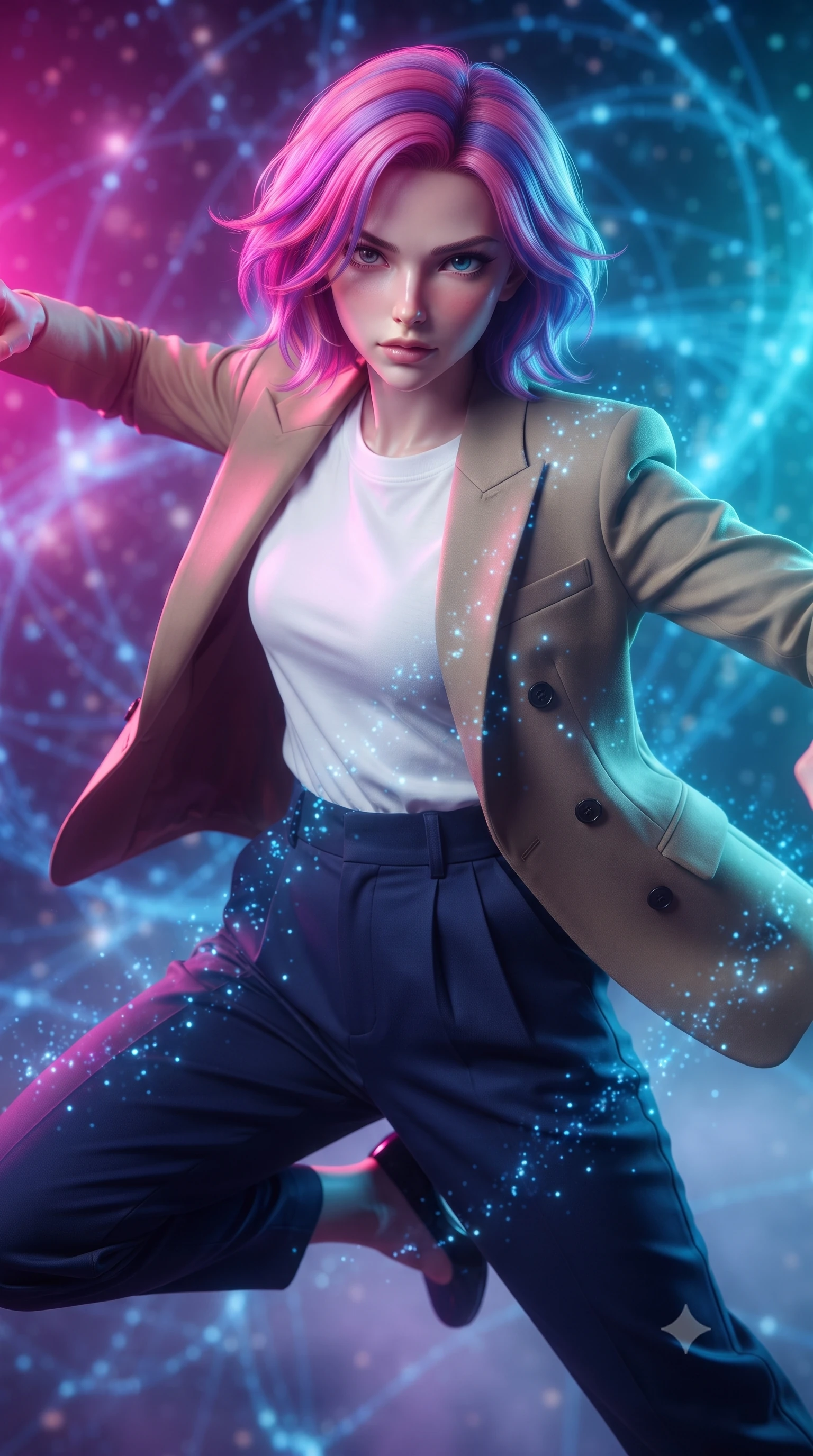 score_9, masterpiece, best quality, ultra-detailed, high-budget anime keyframe, editorial fashion photography, tasteful artistic composition, realistic cosplay photography, Caucasian woman, strictly human ears. close-up cowboy shot from the waist and thighs up, the character dominates the composition, filling the frame with her large presence, background elements kept in soft focus. Leaping into the camera's view with an aggressive, mid-action strike pose. set against a soft-focus background of a magical dimension where thousands of glowing blue thread-lines are weaving into a complex cosmic map in the air. She has an exceptionally elegant and slender, willowy female figure with an ultra-slim waist, a gracefully sculpted slender torso, and a refined slim physique. sharp v-shaped jawline, high-bridge nose, intricate jewel-like eyes with depth, thick eyelashes, glossy lips with a natural sheen. wearing catching and diffusing the glowing particles, shimmering softly in response to the surrounding light, a form-contouring double-breasted khaki blazer over a white crew-neck tee and high-waisted navy pleated trousers. dual-tone lighting with hot magenta from the left and cool cyan from the right. ultra-reflective glossy finish, specular highlights, metallic sheen, high-contrast stereoscopic depth, volumetric dynamic lighting, 2k, ultra detail, master piece, 9:16 ratio
