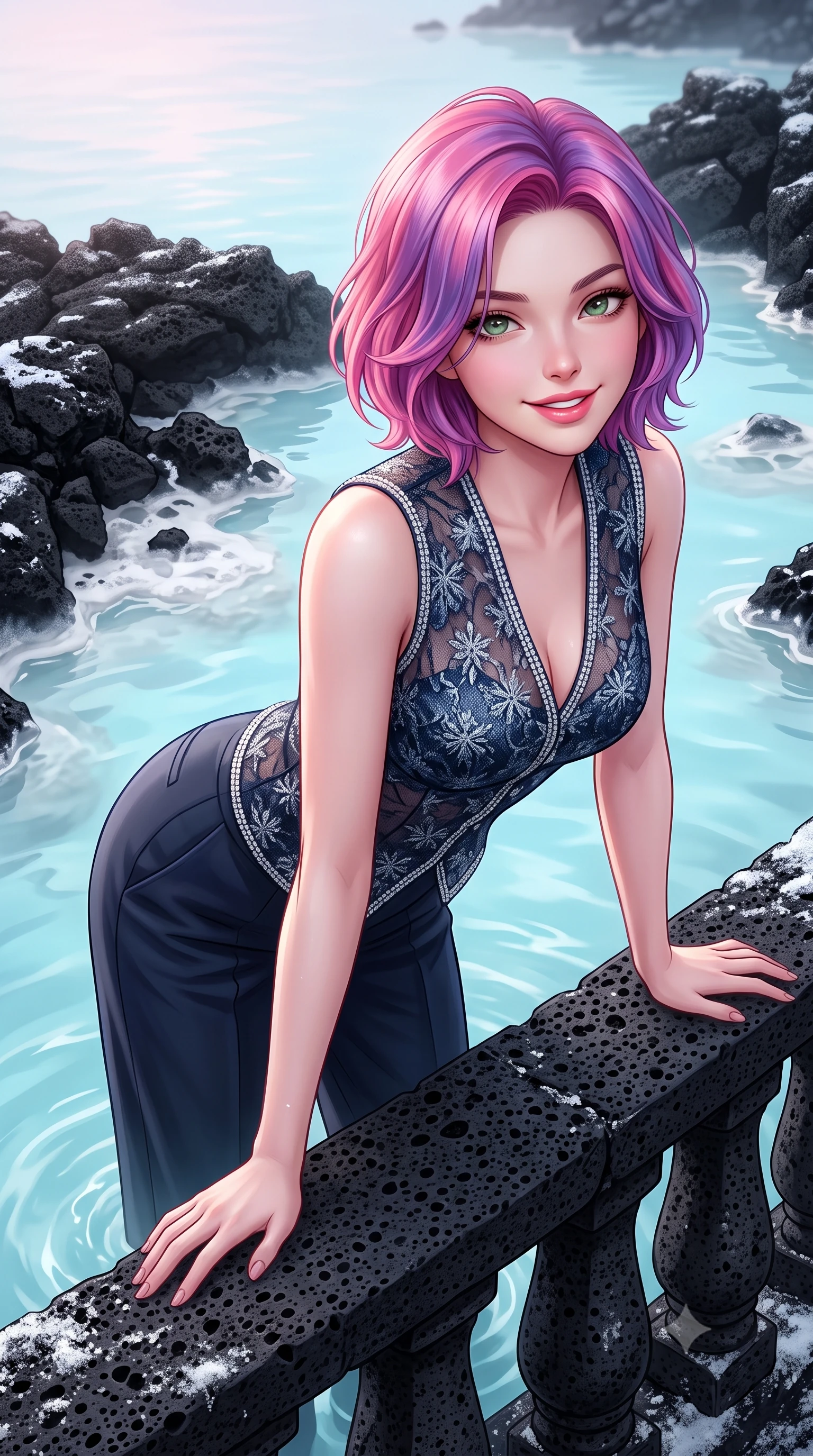score_9, masterpiece, best quality, ultra-detailed, high-budget anime keyframe, semi-realistic 3D game render, editorial fashion photography, tasteful artistic composition, Caucasian woman. close-up cowboy shot from the waist and thighs up, the character dominates the composition, filling the frame with her large presence. leaning forward over the snow-dusted balustrade while arching her lower back to accentuate her curvy hips, looking into the camera with a radiant playful smile and seductive bedroom-eyes while wading into the opaque milky-cyan geothermal waters amidst black lava rocks, arching her back with an intoxicating, mystical smile. The surrounding environment is rendered in vivid detail and crisp panoramic clarity. sharp porous black basalt rock texture, white silica mineral mud deposits, and silky cyan water ripple clarity in deep focus. She has an exceptionally elegant, slender, and willowy female figure with an ultra-slim waist, flat toned midriff, narrow ribcage, and sculpted feminine hips creating an alluring, slim hourglass silhouette without bulk. sharp v-shaped jawline, high-bridge nose, sparkling ice-crystal eyes with depth, frosty thick lashes, glossy parted lips with a rosy berry sheen, bright playful smile with an intoxicating seductive glint, rosy flushed cheeks radiating cozy warmth and dangerous allure, flawlessly proportioned anatomical accuracy, strict slender model proportions, natural body alignment, perfectly sculpted long slender limbs, ultra-slim waistline, clean dynamic posture without body distortion. wearing a tailored cashmere vest worn closed against bare skin with high-waisted wide-leg wool trousers in midnight navy and starlight silver, crafted from sheer delicate thermal stretch lace with snowflake floral motifs, finished with delicate silver beaded trim along the hem that glitters like frost, the form-contouring cut accentuating her sculpted flat midriff, narrow delicate ribcage, and gracefully curvy hips with alpine supermodel elegance. bathed in soft ethereal Nordic pastel twilight and warm geothermal water illumination. highly saturated vibrant anime colors, detailed shading with soft gradients, rich glossy textures, high-contrast stereoscopic depth, volumetric dynamic lighting, master piece, 9:16 ratio