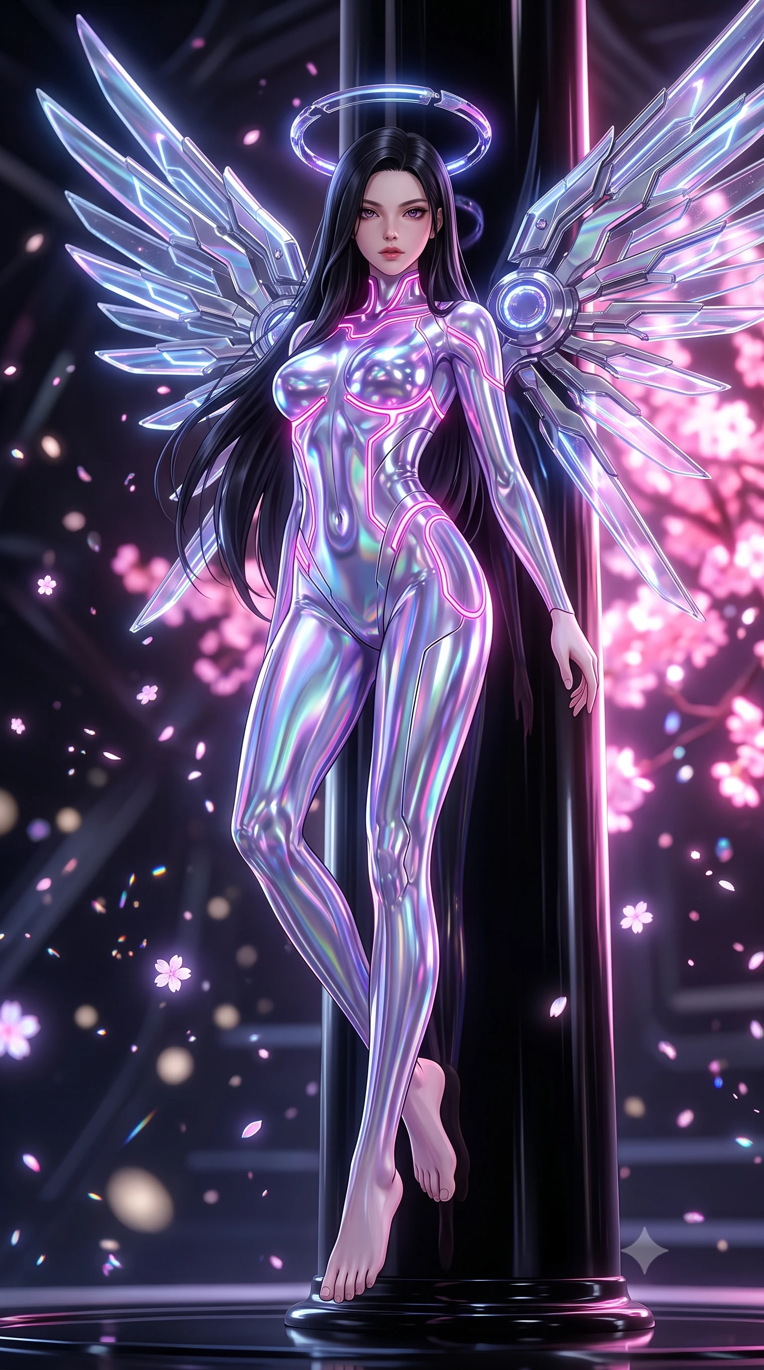 score_9, masterpiece, best quality, ultra-detailed, high-budget anime keyframe, editorial fashion photography, tasteful artistic composition, Korean woman. low angle full-body shot from head to toe showing her feet, filling the entire 9:16 vertical frame with her statuesque presence, stretching her vertical silhouette. arching her back gracefully in mid-air as glowing mechanical wings and floating cybernetic halos frame her statuesque presence while leaning against a polished black lacquered pillar with an alluring, direct gaze amidst drifting digital blossom particles. The composition keeps background elements in soft focus with creamy bokeh. drifting holographic blossom particles scattering soft glowing glints across a dark backdrop. She has an absolutely perfect, statuesque 8.5-heads proportion, an exceptionally tall and slender model-like female figure with impossibly long slender legs, a toned flat midriff, and an ultra-slim waist. sharp v-shaped jawline, high-bridge nose, intricate jewel-like eyes with depth, thick eyelashes, glossy lips with a natural sheen, flawlessly proportioned anatomical accuracy, strict slender model proportions, natural body alignment, perfectly sculpted long slender limbs, ultra-slim waistline, clean dynamic posture without body distortion. wearing an aerodynamic sculpted liquid-chrome bodysuit with glowing neon fiber-optic circuitry and an elegant high-fashion cut in iridescent holographic chrome with prism violet highlights, crafted from ultra-reflective second-skin liquid metal with a mirror-like polish, accented with glowing fiber-optic seams tracing her collarbones and hip curves, the glove-like aerodynamic second-skin fit tightly clinging to her ultra-slender waist and athletic curves without adding bulk, accentuating her razor-sharp statuesque lines and slim hourglass silhouette. bathed in luminous magenta and rose-pink digital sakura backlighting with soft violet fill. ultra-reflective glossy finish, specular highlights, dark metallic sheen, high-contrast stereoscopic depth, volumetric dynamic lighting, 2k, ultra detail, master piece, 9:16 ratio