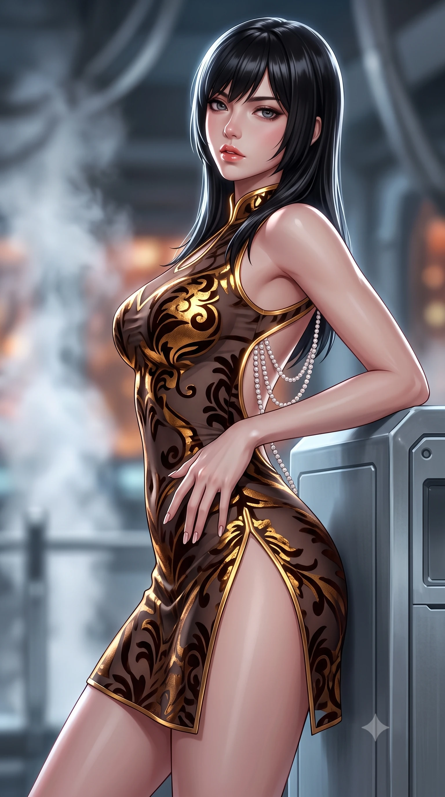 score_9, masterpiece, best quality, ultra-detailed, high-budget anime keyframe, semi-realistic 3D game render, editorial fashion photography, tasteful artistic composition, Caucasian woman. close-up cowboy shot from the waist and thighs up, the character dominates the composition, filling the frame with her large presence. resting one manicured hand delicately on her hip bone, her upper body turning in a fluid, seductive S-curve while parted lips glisten in the light while leaning back against a cool matte-titanium console with hips cocked back, casting an audacious, fearless bedroom-gaze into the molten abyss. The composition keeps background elements in soft focus with creamy bokeh. cryogenic cooling steam plumes and titanium observation gantries softened in dramatic sci-fi shallow focus. She has an exceptionally elegant, slender, and willowy female figure with an ultra-slim waist, flat toned midriff, narrow ribcage, and sculpted feminine hips creating an alluring, slim hourglass silhouette without bulk. sharp v-shaped jawline, high-bridge nose, intricate jewel-like eyes with depth, thick eyelashes, glossy parted lips with a natural sheen, intensely captivating and seductive bedroom-eyes expression, flawlessly proportioned anatomical accuracy, strict slender model proportions, natural body alignment, perfectly sculpted long slender limbs, ultra-slim waistline, clean dynamic posture without body distortion. wearing a modernized cyber-qipao mini dress with an ultra-high side slit ascending to the hip and glowing piping in dark espresso brown and molten gold foil, made of sheer contouring power-mesh with velvet flocking patterns, accented with a multi-strand pearl back necklace cascading down her bare spine to her hips, the glove-like aerodynamic silhouette tightly following the natural contour of her hips and long slender legs with statuesque 8.5-heads elegance. illuminated by high-contrast specular rim lights sharply sculpting her razor-sharp jawline, narrow waist, and curvy hips. highly saturated vibrant anime colors, detailed shading with soft gradients, rich glossy textures, high-contrast stereoscopic depth, volumetric dynamic lighting, master piece, 9:16 ratio