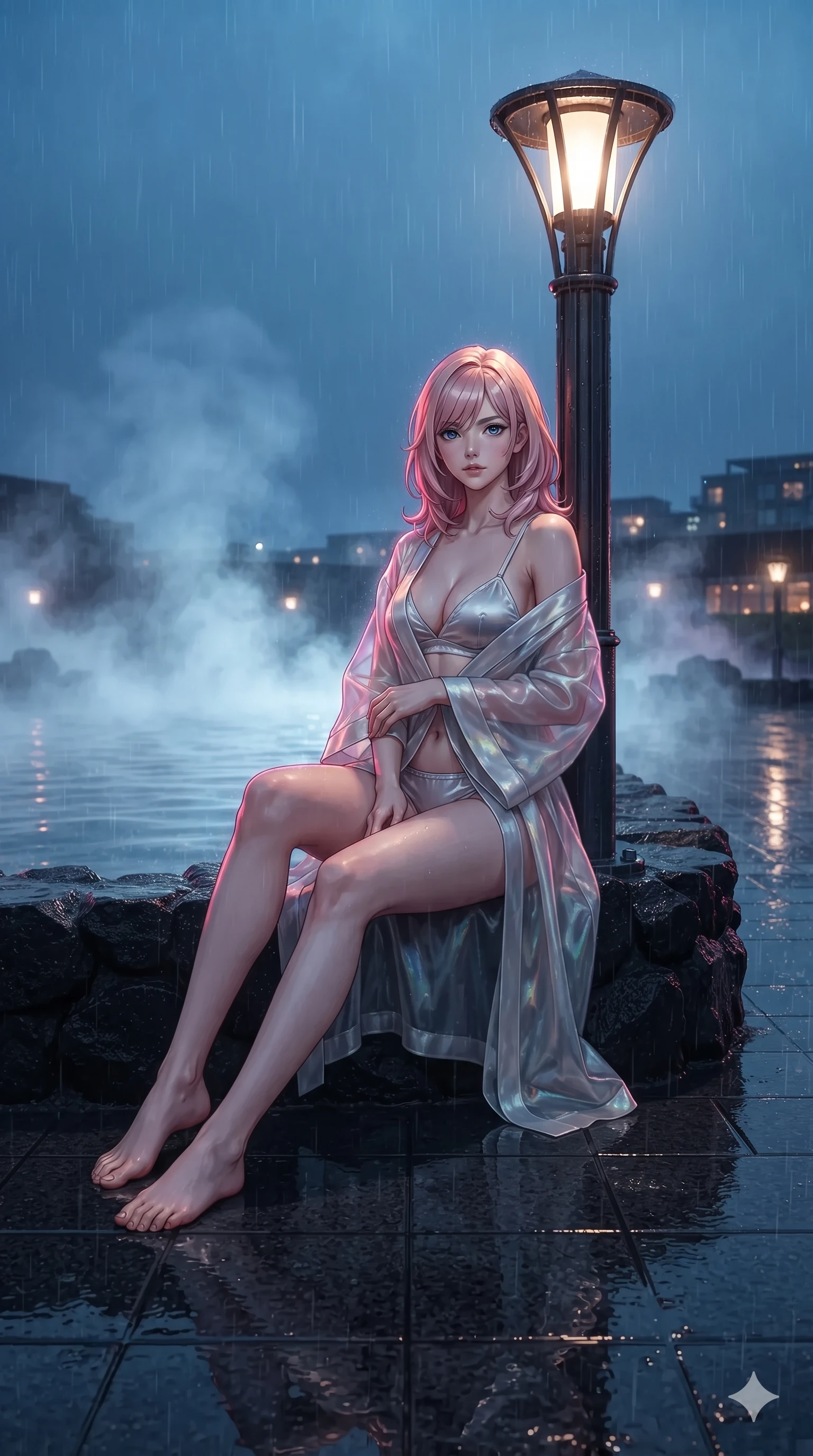 score_9, masterpiece, best quality, ultra-detailed, high-budget anime keyframe, editorial fashion photography, tasteful artistic composition, Japanese woman. low angle full-body shot from head to toe showing her feet, filling the entire 9:16 vertical frame with her statuesque presence, stretching her vertical silhouette. sitting on the black basalt rock rim of the steaming geothermal lagoon, water droplets beading on her flat midriff and curvy hips while leaning against the illuminated esplanade lamp post with hips cocked back, looking through rain-streaked air with heavy-lidded seductive eyes. The surrounding environment is rendered in vivid detail and crisp panoramic clarity: sharp water puddle reflection ripples on black granite tiles, crisp raindrop speculars on stone, and neon tube glass details in deep focus. She has an exceptionally tall and slender model-like 8.5-heads proportion, an ultra-slim waist, a flat toned midriff, narrow delicate ribcage, and beautifully sculpted feminine hips creating a graceful, slim hourglass silhouette without any bulky heaviness, with impossibly long slender legs. sharp v-shaped jawline, high-bridge nose, intricate jewel-like sparkling eyes with depth, thick eyelashes, glossy parted lips with a natural sheen, intensely captivating and seductive bedroom-eyes expression, exuding both youthful cute charm and sovereign luxury allure, flawlessly proportioned anatomical accuracy, strict slender model proportions, natural body alignment, perfectly sculpted long slender limbs, ultra-slim waistline, clean dynamic posture without body distortion. wearing a translucent iridescent organza kimono robe slipping off bare shoulders over a matching satin micro-bralette and micro-shorts in shimmering silver mercury and pearl white, adorned with delicate chrome ring hardware and cutouts along her slender waist, finished with an ultra-high side slit secured by miniature jeweled clasps, the glove-like clinging cut tightly following the natural contour of her hips and long slender legs with youthful 8.5-heads elegance. illuminated by rain puddle bounce and sharp scarlet-violet rim lights sculpting her razor-sharp jawline, narrow waist, and curvy hips. ultra-reflective glossy finish, specular highlights, rich textural contrasts, high-contrast stereoscopic depth, volumetric dynamic lighting, 2k, ultra detail, master piece, 9:16 ratio
