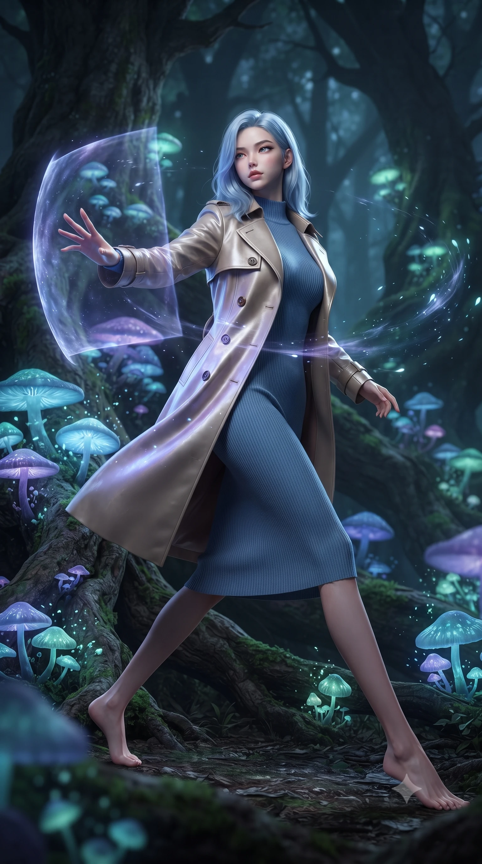 score_9, masterpiece, best quality, ultra-detailed, high-budget anime keyframe, editorial fashion photography, tasteful artistic composition, realistic cosplay photography, Korean woman. low angle full-body shot from head to toe showing her feet, filling the entire 9:16 vertical frame with her statuesque presence, stretching her vertical silhouette. dodging backward with feline agility while casting an energy barrier through a dark forest clearing where massive glowing mushrooms grow on ancient tree roots, scattering glowing spores in the wind. She has a statuesque 8.5-heads proportion, an exceptionally tall, slender and willowy model-like build with impossibly long legs and a highly sculpted ultra-slim waist. sharp v-shaped jawline, high-bridge nose, intricate jewel-like eyes with depth, thick eyelashes, glossy lips with a natural sheen. wearing catching and diffusing the glowing particles, shimmering softly in response to the surrounding light, a body-hugging classic double-breasted beige trench coat layered over a French blue mock-neck ribbed midi dress. cool ethereal blue-violet bioluminescent glow wrapping around her from all sides. ultra-reflective glossy finish, specular highlights, metallic sheen, high-contrast stereoscopic depth, volumetric dynamic lighting, 2k, ultra detail, master piece, 9:16 ratio