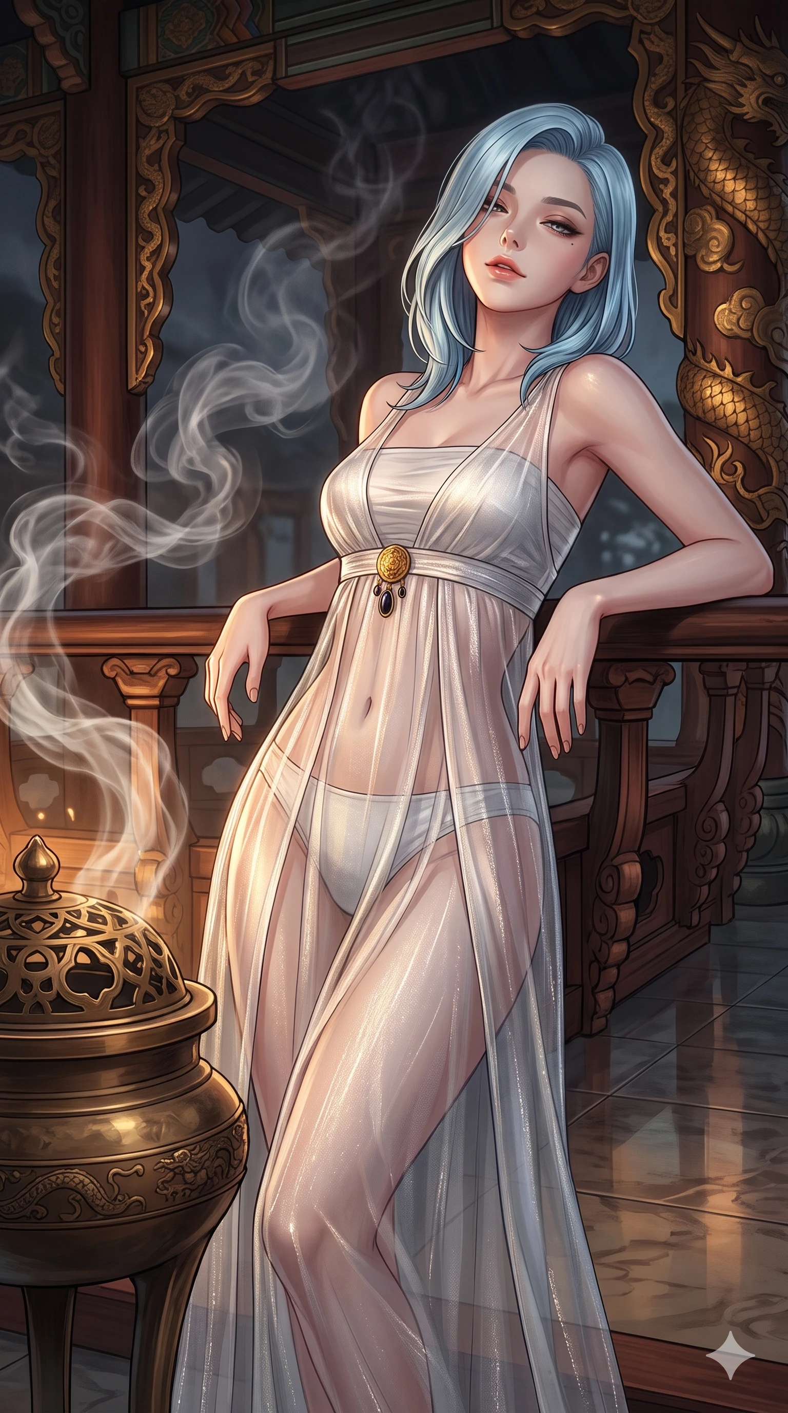 score_9, masterpiece, best quality, ultra-detailed, high-budget anime keyframe, editorial fashion photography, tasteful artistic composition, Korean woman. close-up cowboy shot from the waist and thighs up, the character dominates the composition, filling the frame with her large presence. leaning back against the balustrade with relaxed seductive grace, head tilted back slightly while casting a hypnotic, heavy-lidded gaze while standing tall beside the antique bronze incense burner, watching swirling aromatic smoke tendrils drift past her flat midriff and hips. The surrounding environment is rendered in vivid detail and crisp panoramic clarity: sharp bronze incense burner openwork lid, carved gilt wood dragon scales, and polished stone floor reflections in deep focus. She has an exceptionally elegant, slender, and willowy female figure with an ultra-slim waist, flat toned midriff, narrow ribcage, and sculpted feminine hips creating an alluring, slim hourglass silhouette without bulk. sharp v-shaped jawline, high-bridge nose, sparkling eyes with hypnotic seductive depth, thick curled eyelashes, glossy parted lips with a natural dewy peach sheen, alluring bedroom-eyes with an enchanting coquettish smile, exuding magnetic siren charisma and sophisticated glamour, flawlessly proportioned anatomical accuracy, strict slender model proportions, natural body alignment, perfectly sculpted long slender limbs, ultra-slim waistline, clean dynamic posture without body distortion. wearing a delicately layered semi-sheer gossamer nobang hanbok slip dress revealing her sculpted silhouette over an opaque micro-bandeau and briefs in celestial pearl white and moonlight platinum, woven from metallic lurex thread casting radiant starlight glints across her silhouette, accented with an authentic engraved gold medallion and obsidian cabochons, the liquid-tight tailored fabric clinging flawlessly to her narrow waist and rounded feminine hips, emphasizing every millimeter of her sculpted slim hourglass curves without any bulky heaviness. bathed in warm 2200K bronze brazier glow cutting through atmospheric white incense smoke. ultra-reflective glossy finish, specular highlights, rich textural contrasts, high-contrast stereoscopic depth, volumetric dynamic lighting, 2k, ultra detail, master piece, 9:16 ratio
